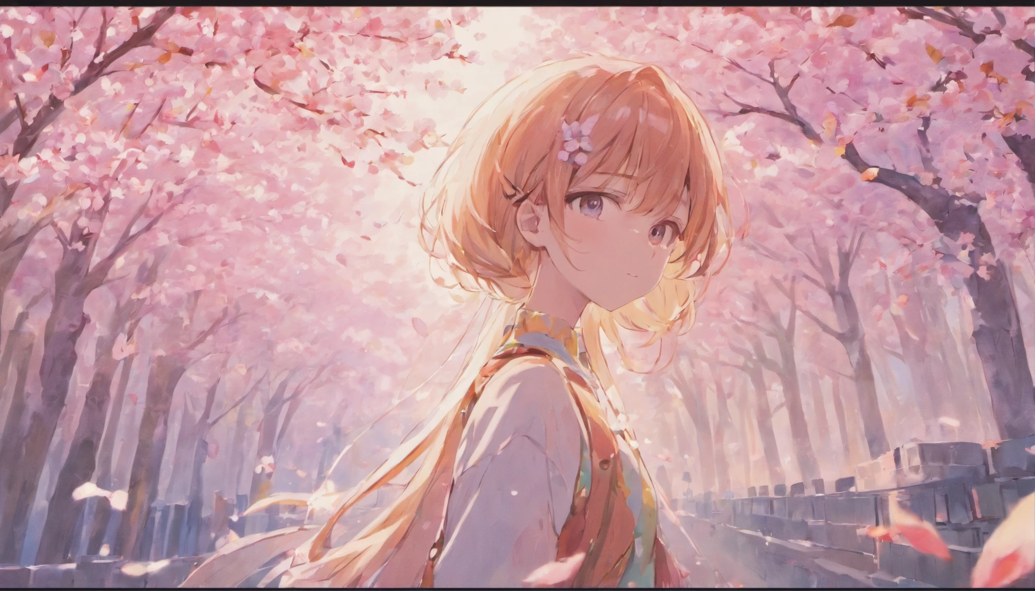 Couples embrace,The upper part of the body,A boy with,one-girl,Under the cherry blossom trees,Fluttering cherry blossoms,low-saturation,pale-blue( reasonable design, Clear lines, High sharpness,Best quality, Very detailed, Masterpiece, movie light effect, 4K )