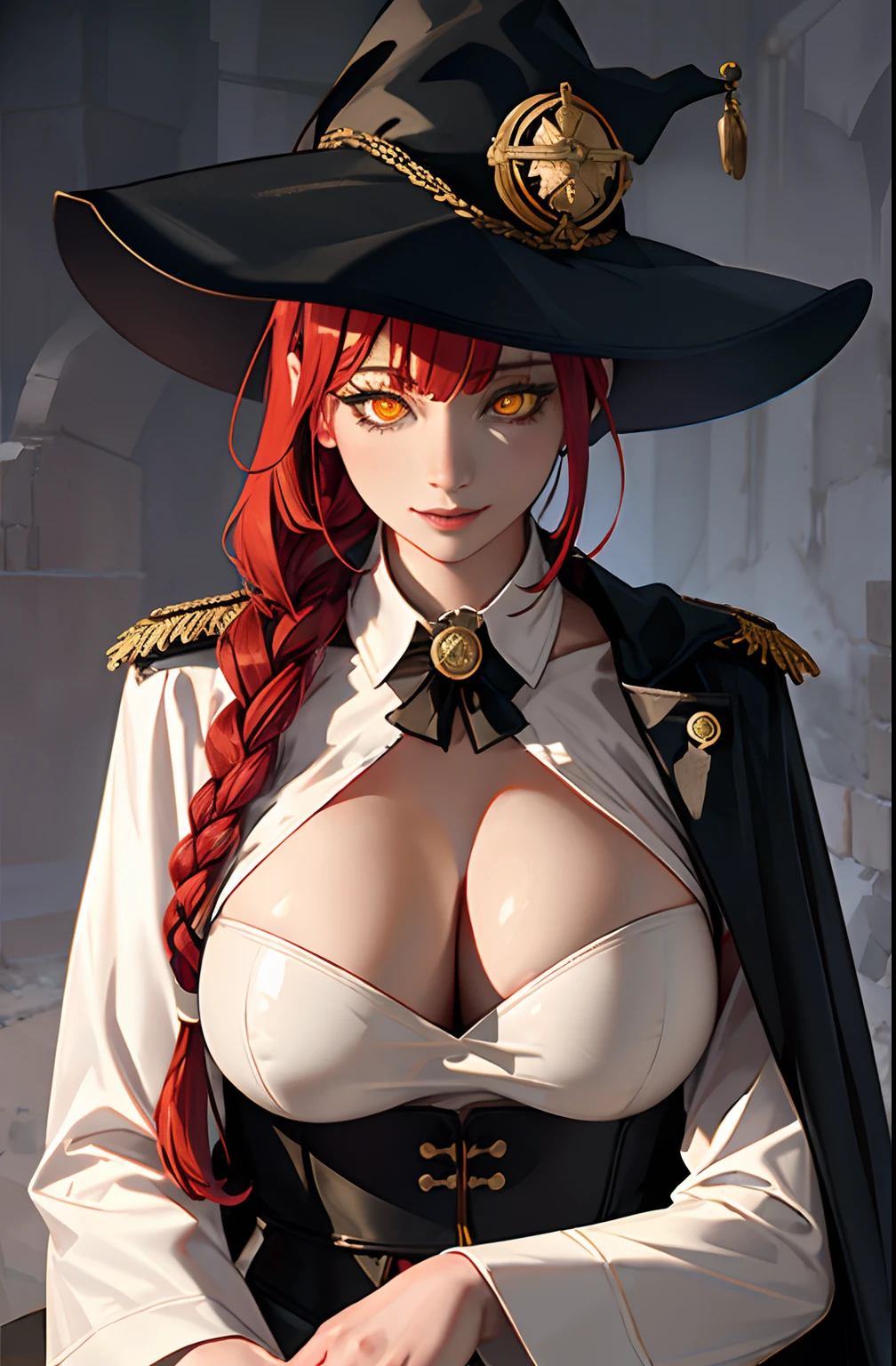 Medium tits, masterpiece, (photorealistic:1.4), best quality, beautiful lighting, big witch hat, cleavage, admiral long coat, shoulder badge, (ulzzang-6500:0.5), makima \(chainsaw man\), (red hair)+(single long braided hair)+(bangs), yellow eyes, golden eyes, ((ringed eyes)), (white shirt),
RAW photo, 8k uhd, film grain, at castle, mediavel, smile