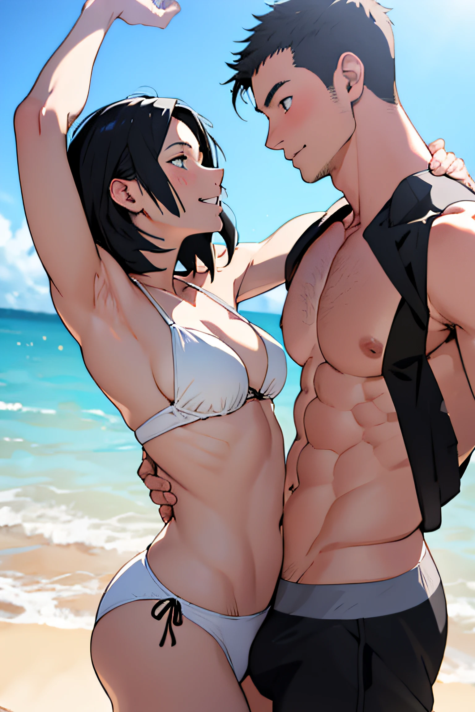 masterpiece, high detail, excentric, colorfull, beautifull, subject is a couple having fun at the beach, sun is shining, she is runnnig to the sea, she is pale white skin, long black hair, anime style, anime girl, the boy is short red hair with muscles and delicate face