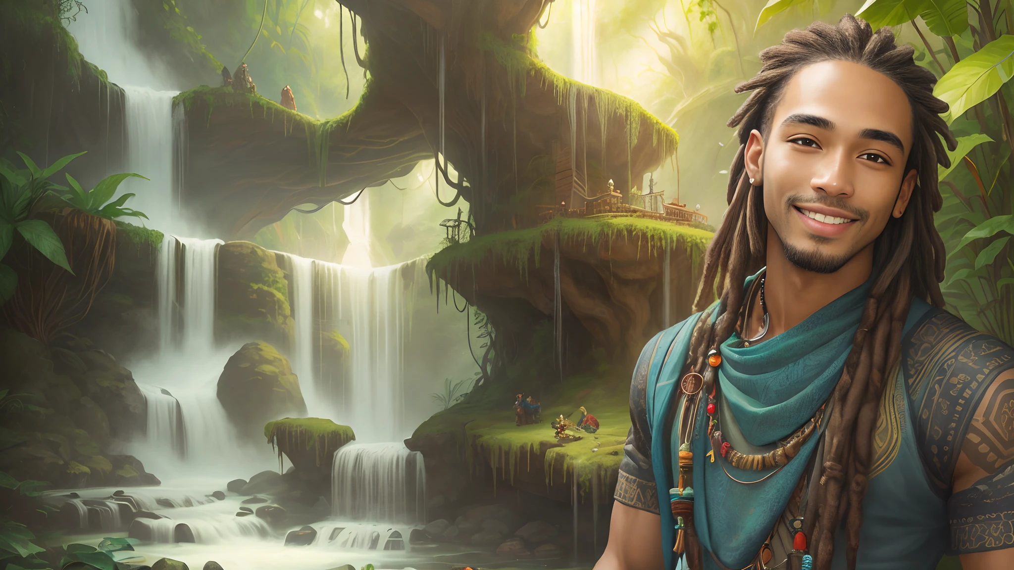 Masterpiece, best quality, very detailed face and arms, very detailed beautiful man with big brown eyes and dreadlocks, he has very detailed tribal clothes on, he smiles, detailed jungle and waterfalls are on the background, sunny