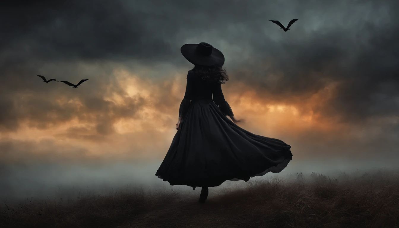 Dark Gothic Fog Morning Halloween Black Witch Flying in the Sky, Pintura de arte, estilo vintage