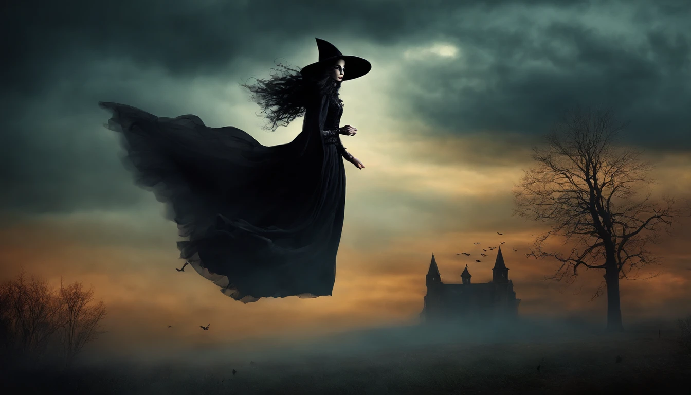 Dark Gothic Fog Morning Halloween Black Witch Flying in the Sky, Pintura de arte, estilo vintage