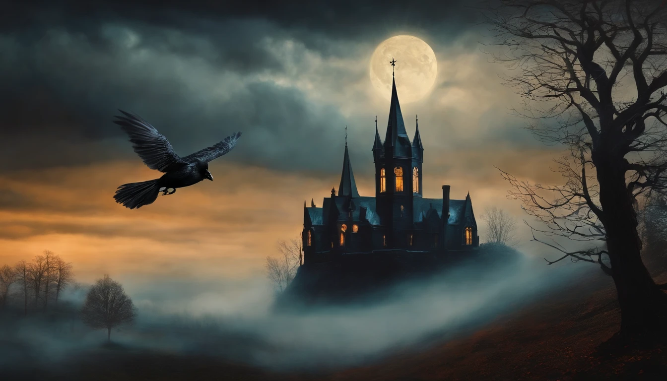 Dark Gothic Fog Morning Halloween Black Witch Flying in the Sky, Pintura de arte, estilo vintage