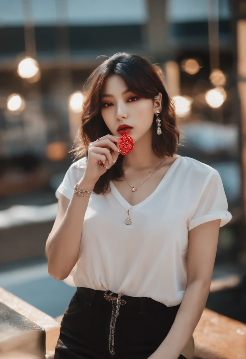 jungkook bts com cabelo loiro e mechas vermelhas, piercings, gamer, fone de gatinho, Painted nails and a lollipop in her hand, imagem realista