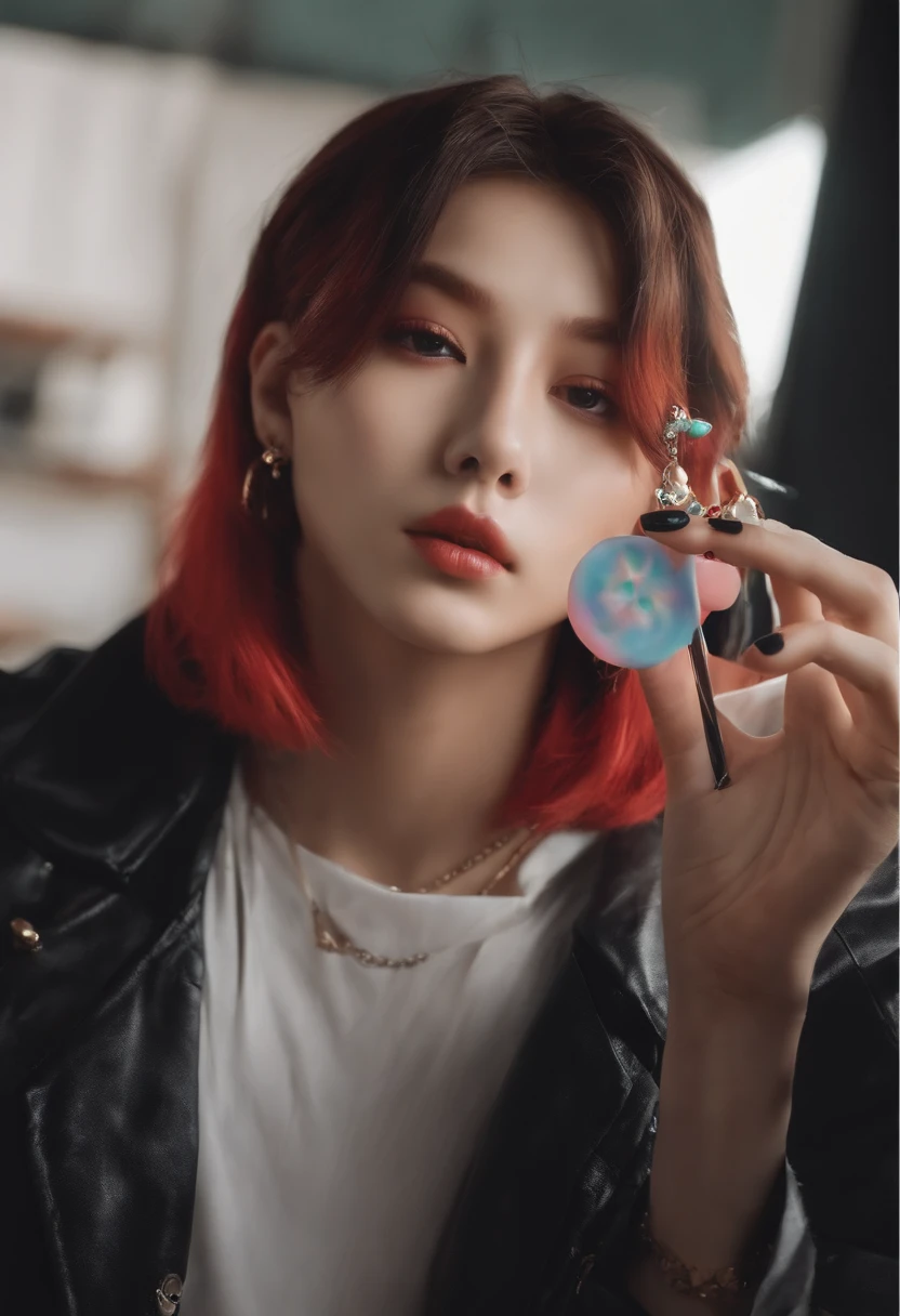 jungkook bts com cabelo loiro e mechas vermelhas, piercings, gamer, fone de gatinho, Painted nails and a lollipop in her hand, imagem realista