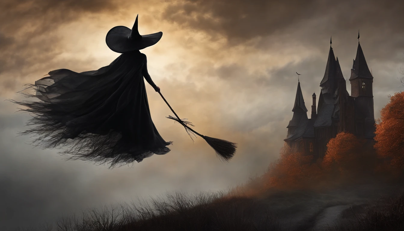 Dark Gothic Fog Morning Halloween Black Witch flying in the sky with a broom, Pintura de Arte, estilo vintage