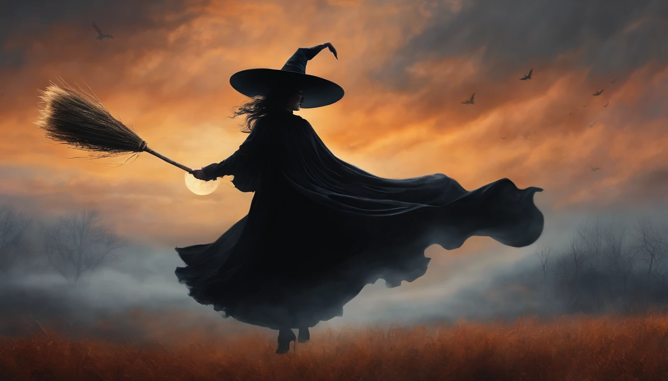 Dark Gothic Fog Morning Halloween Black Witch flying in the sky with a broom, Pintura de Arte, estilo vintage