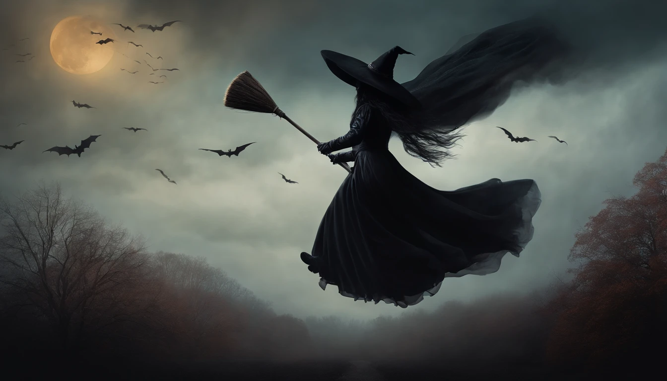 Dark Gothic Fog Morning Halloween Black Witch flying in the sky with a broom, Pintura de Arte, estilo vintage