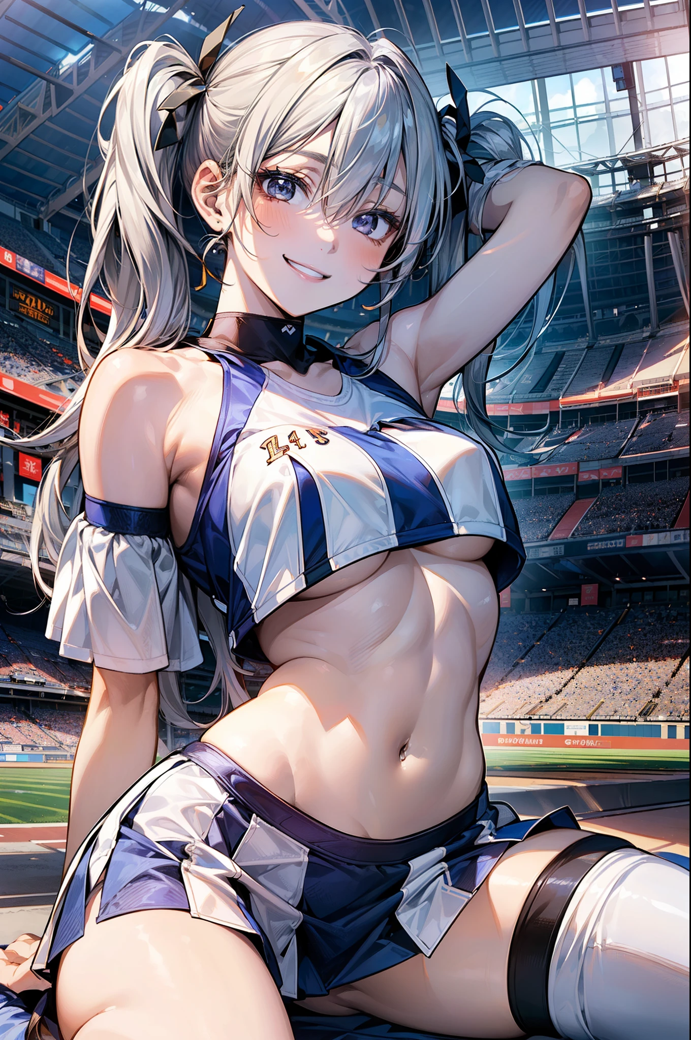 1 girl, japanese, 14 years old, white skin, medium chest, , watching the view, (adorable smiling:1.5),
beautiful detailed eyes, blue eyes, (long hair:1.4, bangs, hair between eye, twintail:1.7), (navel:1.1), silver hair,
beautiful hair, beautiful clavicle, beautiful underboob, beautiful thighs,
(current cheerleader style:1.4), (spread legs, kneeling),
(beautiful scenery), day time, (stadium:1.5),
(8k, top-quality, masterpiece), beautiful illustration, cowboy shot, movie lighting,