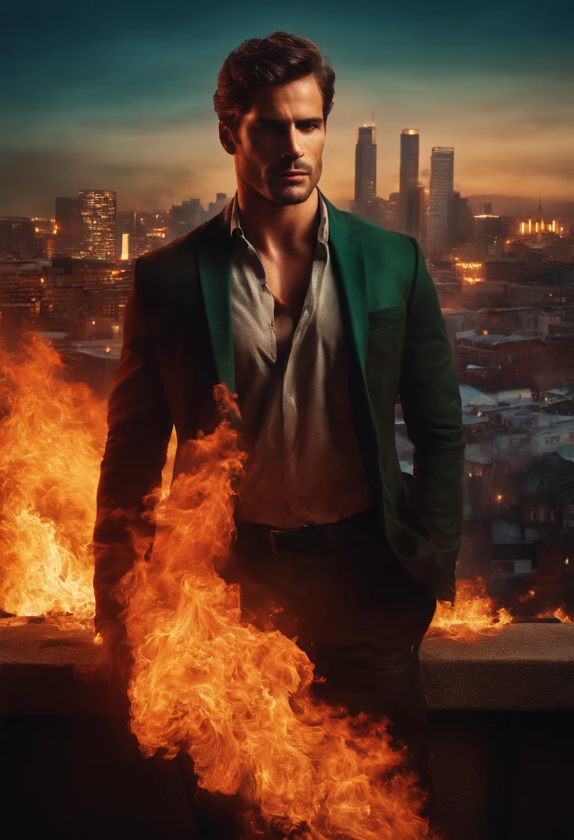 Man with burning arms and city in the background