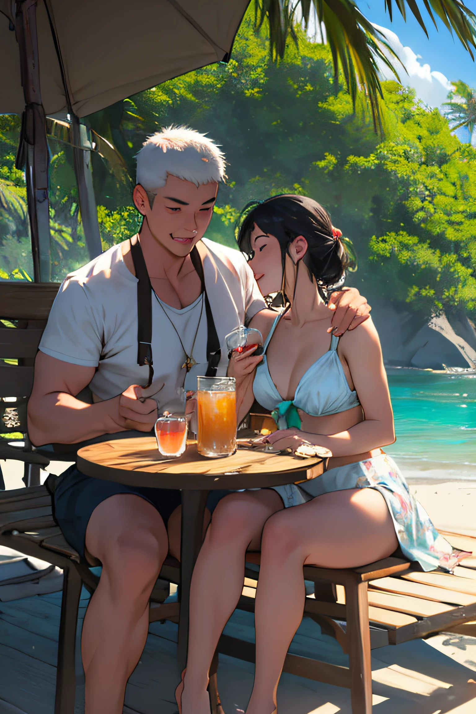 This day at the beach with the oriental girl, sipping iced tea to cool off, is an experience that combines the beauty of nature, the flavors of the teas, and the special connection between the two of you, creating unforgettable memories