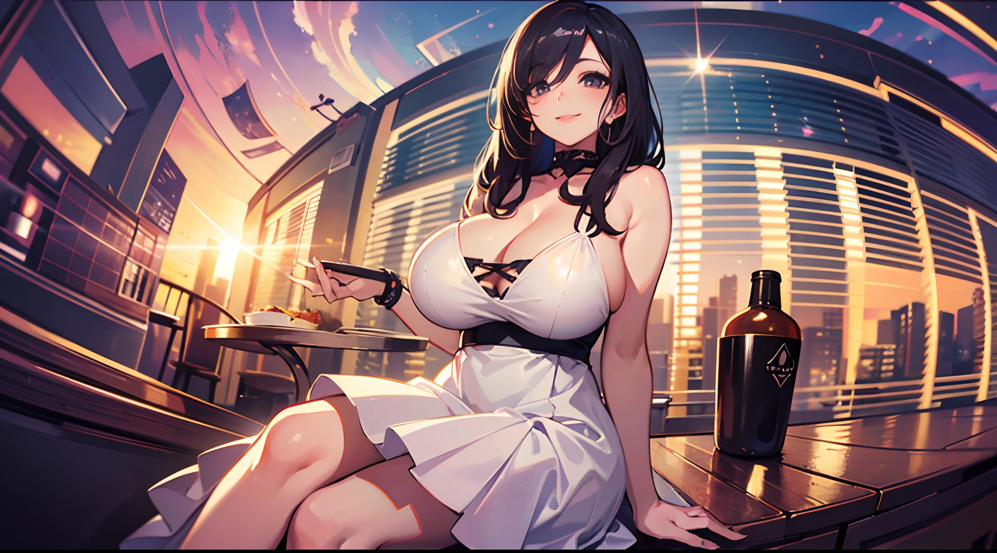 masterpiece, best quality, colorful, fisheye lens, lens flare, 1woman, big boobs, sundress, seductive smile, sitting in restaurant, urban landscape, , --auto --s2