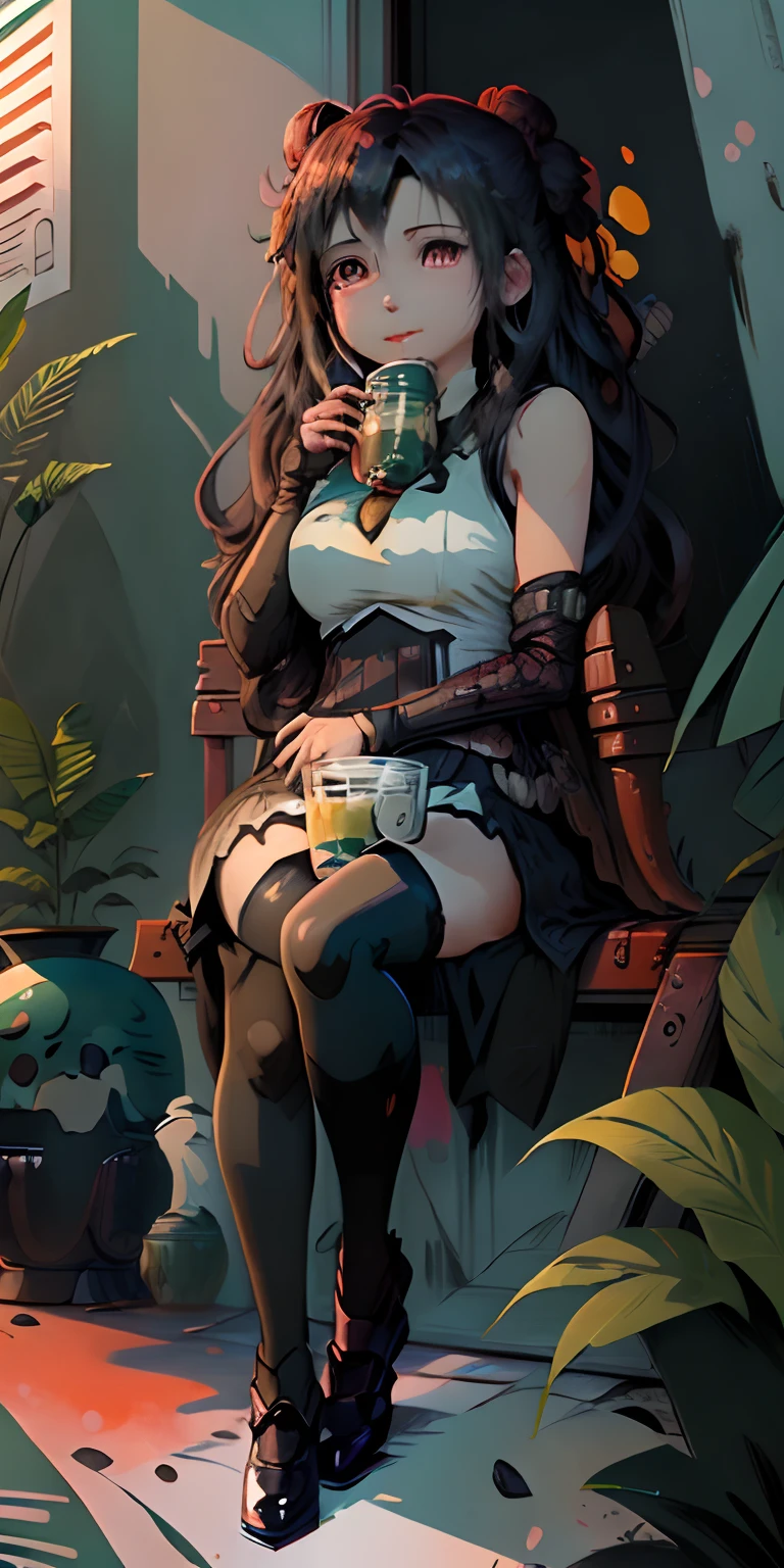A cute and adorable girl in anime style having a boba drink while sitting on the front porch on a hot day, face flushed red, printable