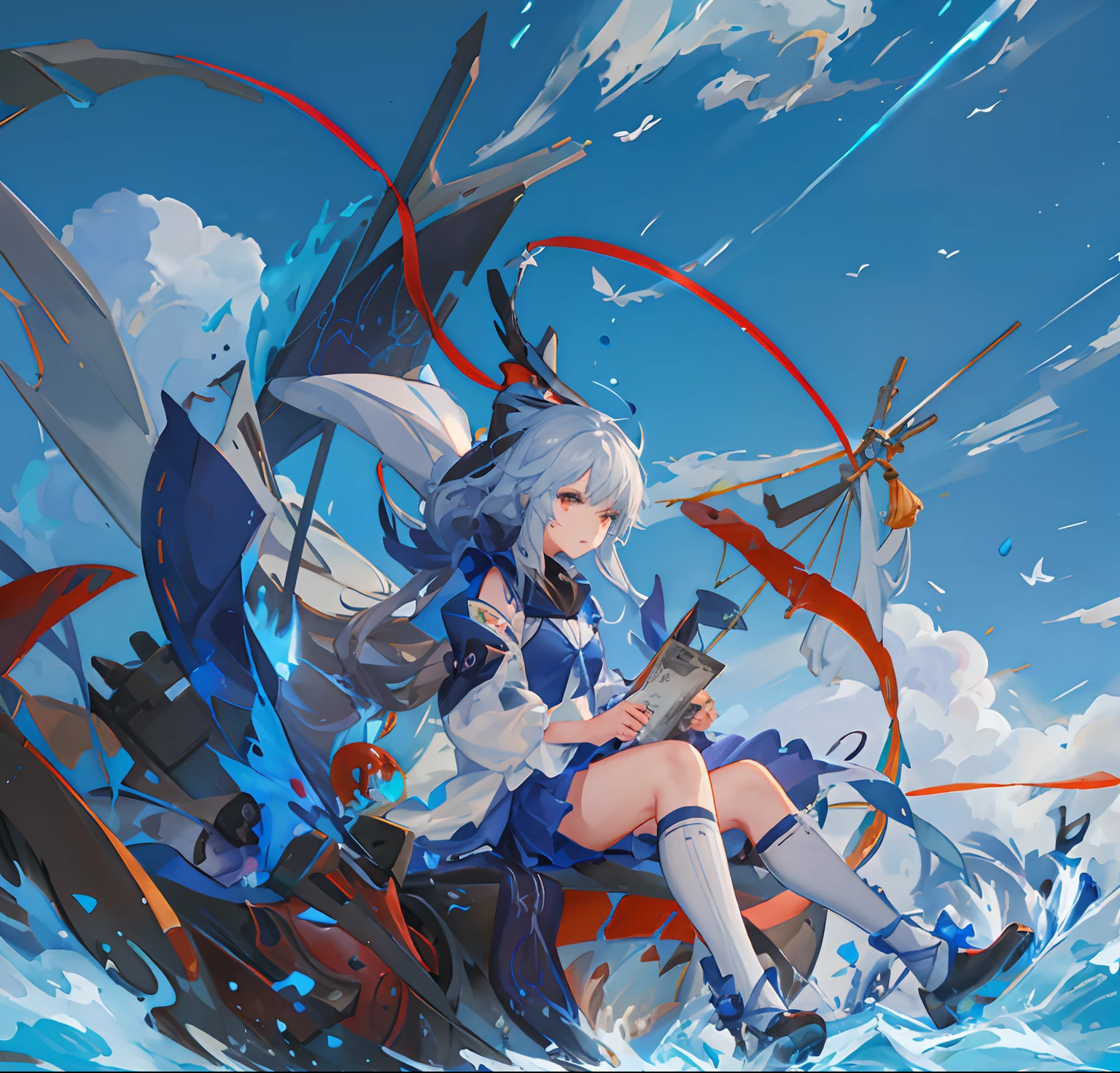 Anime girl sitting on boat, Splash art anime Loli, 《Ghost Wind Special Assault Team》The art of pixels, Kantai collection style, Anime art wallpaper 8 K, Digital art on Pixiv, Anime fantasy illustration, zerochan art, Anime art wallpaper 4 K, Anime art wallpaper 4k, trending on artstation pixiv, Anime fantasy artwork