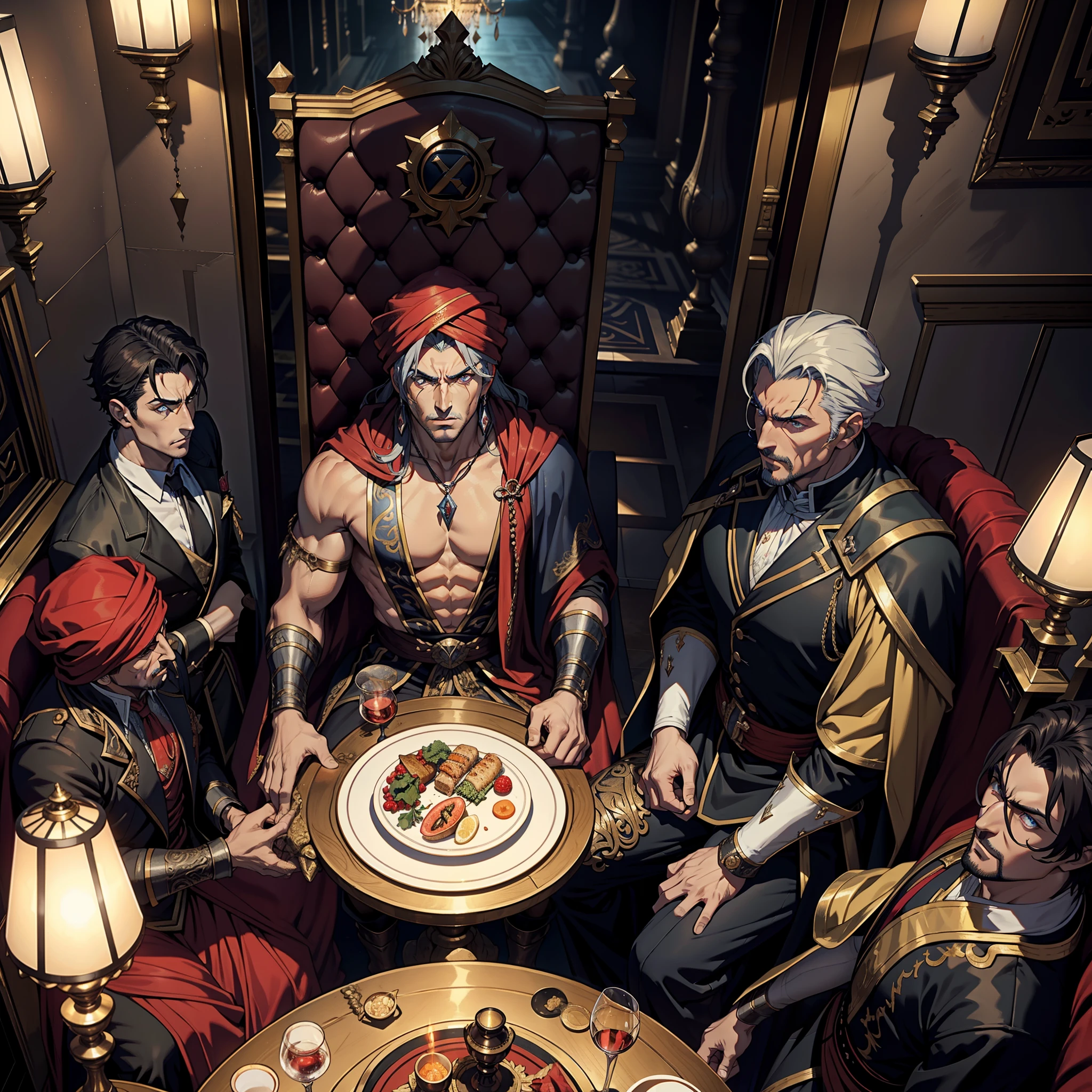 Castlevania Hyper Realistic Shadow Lord Super Detailed Dynamic Shot Masterpiece Cinematic Scenes Epic Movie Legendary Lord Dracula Handsome Muscular Kenshiro Hokuto No Ken Facial structure with red turban with Moroccan Moroccan seated with 10 consultants old men wearing Moroccan mwear jelaba Wear all the same Carry on a large table long in throne dining room 3D camera view Wearing a traditional Moroccan environment carrying a castle Medieval Moroccan Interior Drinking Eating 3D View Very Deep View