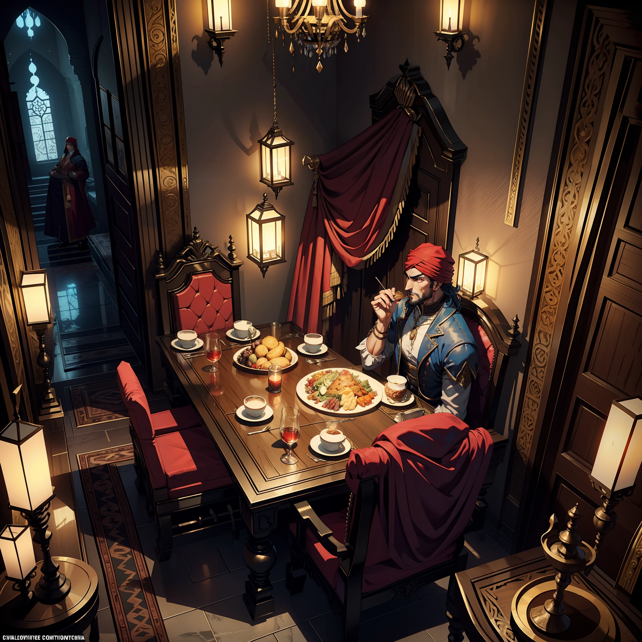 Castlevania Hyper Realistic Shadow Lord Super Detailed Dynamic Shot Masterpiece Cinematic Scenes Epic Movie Legendary Lord Dracula Handsome Muscular Kenshiro Hokuto No Ken Facial structure with red turban with Moroccan Moroccan seated with 10 consultants old men wearing Moroccan mwear jelaba Wear all the same Carry on a large table long in throne dining room 3D camera view Wearing a traditional Moroccan environment carrying a castle Medieval Moroccan Interior Drinking Eating 3D View Very Deep View