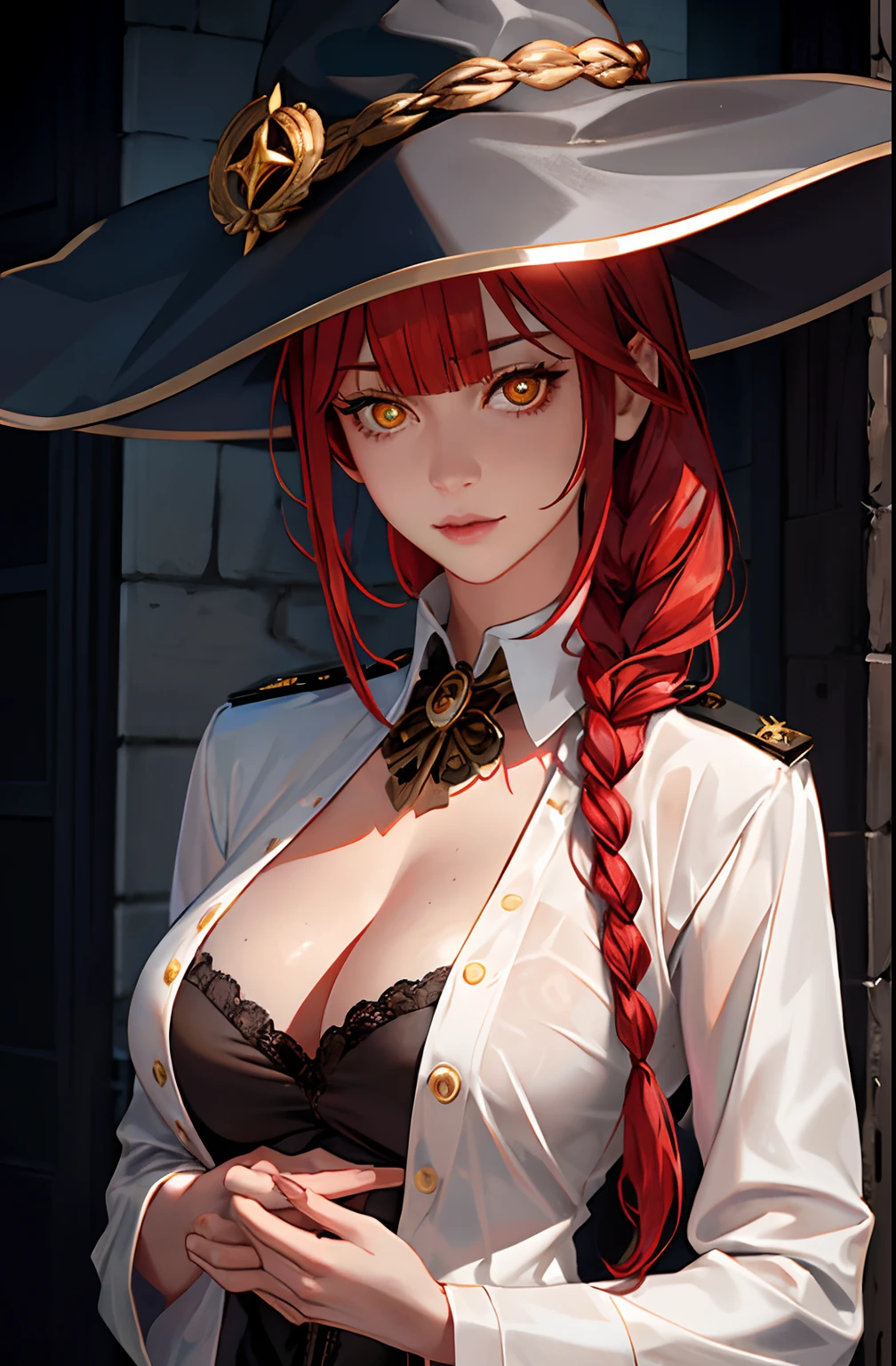 Medium tits, masterpiece, (photorealistic:1.4), best quality, beautiful lighting, big witch hat, cleavage, admiral long coat, shoulder badge, (ulzzang-6500:0.5), makima \(chainsaw man\), (red hair)+(single long braided hair)+(bangs), yellow eyes, golden eyes, ((ringed eyes)), (white shirt),
RAW photo, 8k uhd, film grain, at castle, mediavel, closeup