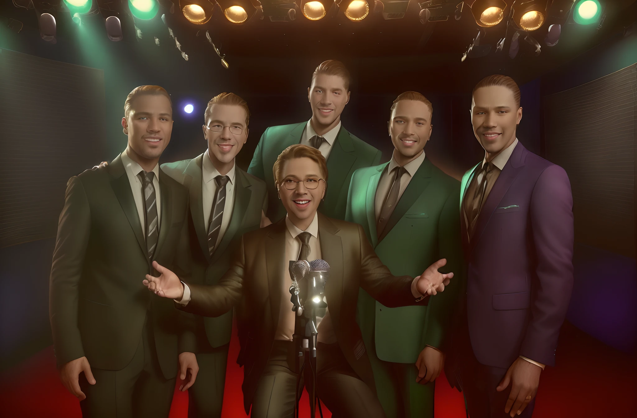 (best quality, highres, ultra-detailed:1.2), (realistic:1.37), (HDR), (studio lighting), (professional), (vivid colors), (bokeh), (portraits), (90s era), (men group), (formal attire), (singers), (recording music), (professional condenser microphone), (indoor setting), (music studio), (retro vibes), (nostalgic atmosphere), (multiple microphones), (harmonious vocals), (melodic tunes), (passionate performance), (focused expressions), (elegant gestures), (stylish appearance), (smiling faces), (classic elegance), (timeless charm), (microphone stand), (vintage equipment), (mature personalities), (memorable lyrics), (captivating melodies), (exceptional vocal range), (harmonious synchronization), (musical harmony), (inspiring creativity), (unforgettable performances).