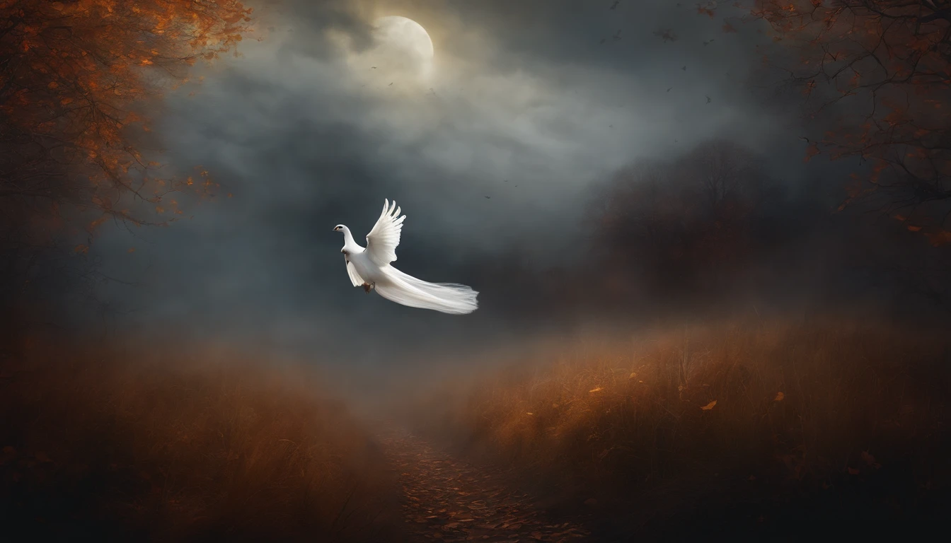 Dark gothic fog white ghost flying from Halloween morning flying in the sky with a broom, Pintura de Arte, estilo vintage