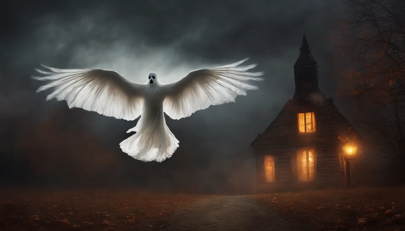 Dark gothic fog white ghost flying from Halloween morning flying in the sky with a broom, Pintura de Arte, estilo vintage