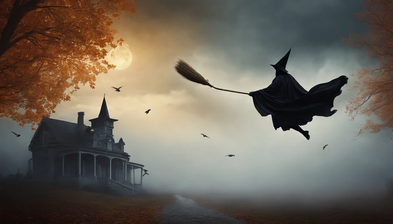 Dark gothic fog white ghost flying from Halloween morning flying in the sky with a broom, Pintura de Arte, estilo vintage