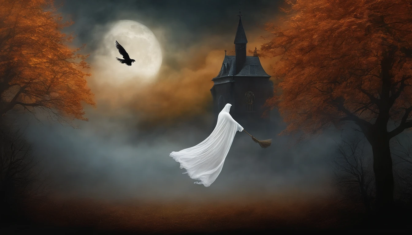 Dark gothic fog white ghost flying from Halloween morning flying in the sky with a broom, Pintura de Arte, estilo vintage