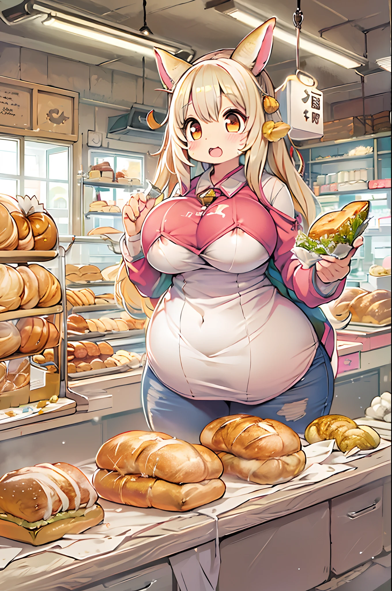 女の子1人、huge-breasted、kawaii、bbw、thick thight、big butts、Ultramammy,Chibi,Nanachi、TThe shirt、In the bakery、Bread lining