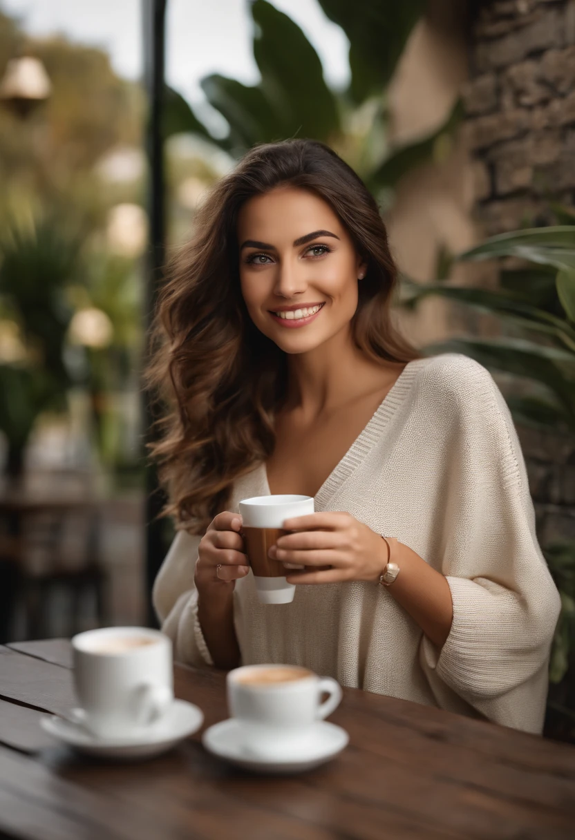 Beautiful brunette woman in white sweater posing in front of camera in full body (Sipping coffee in a modern café ), Very detailed, 21 anos, Rosto inocente, cabelos lisos naturais, Morena, olhos azuis, high resolution, master part, best quality, detalhes intrincados, altamente detalhado, foco nítido, pele detalhada, textura de pele realista, textura, olhos detalhados, profissional, 4k, adorable smile, filmado na Canon, 85 millimeters, profundidade de campo rasa, kodak vision color, um corpo em perfeita forma, extremamente detalhado, uma foto de um_\(Ultra\), fotorrealista, Realistic, postprocessed, Max Detalhe, rugosidade, vida real, Ultra realista, Foto realism, photographic, 8k UHD, photographic