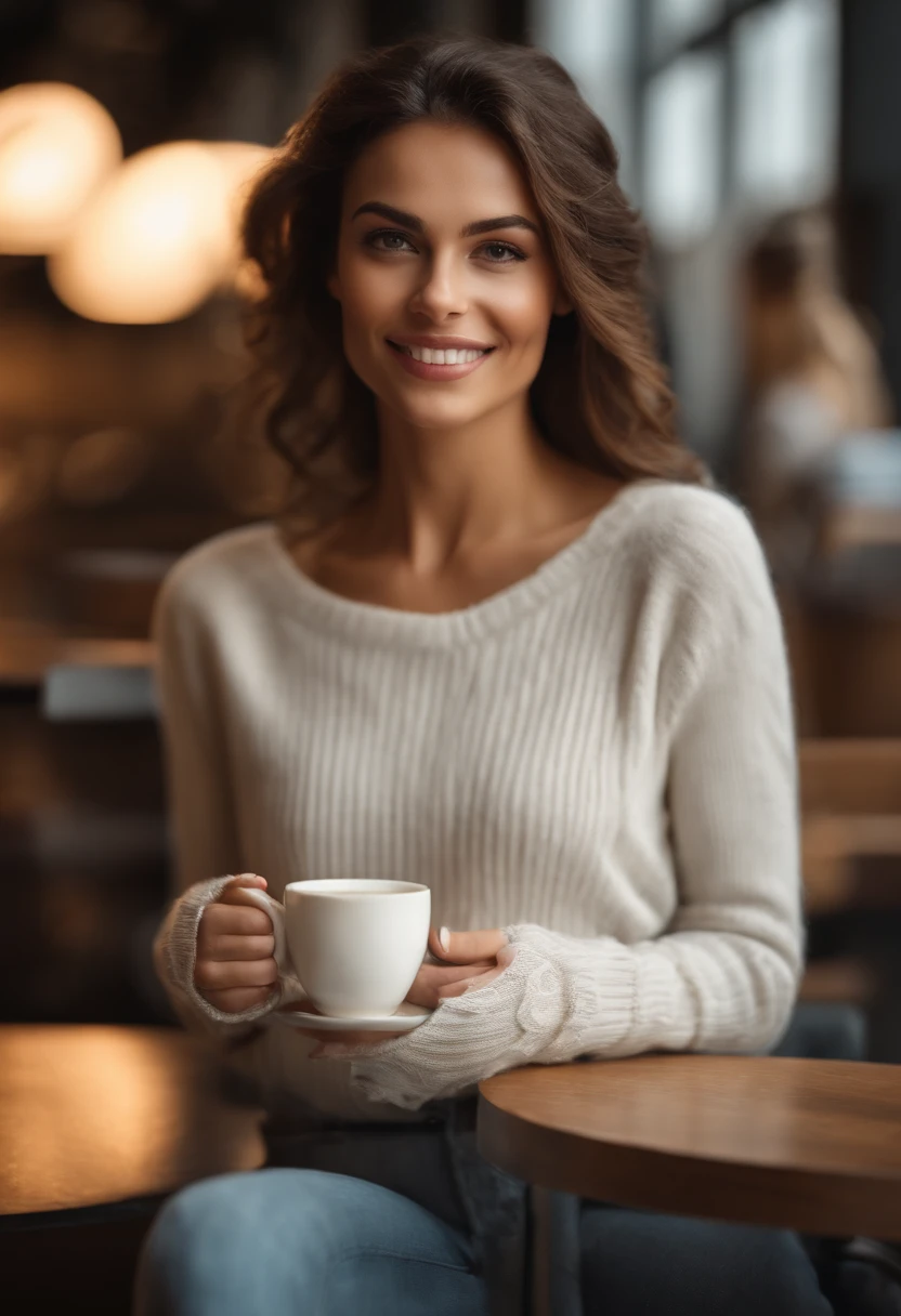 Beautiful brunette woman in white sweater posing in front of camera in full body (Sipping coffee in a modern café ), Very detailed, 21 anos, Rosto inocente, cabelos lisos naturais, Morena, olhos azuis, high resolution, master part, best quality, detalhes intrincados, altamente detalhado, foco nítido, pele detalhada, textura de pele realista, textura, olhos detalhados, profissional, 4k, adorable smile, filmado na Canon, 85 millimeters, profundidade de campo rasa, kodak vision color, um corpo em perfeita forma, extremamente detalhado, uma foto de um_\(Ultra\), fotorrealista, Realistic, postprocessed, Max Detalhe, rugosidade, vida real, Ultra realista, Foto realism, photographic, 8k UHD, photographic