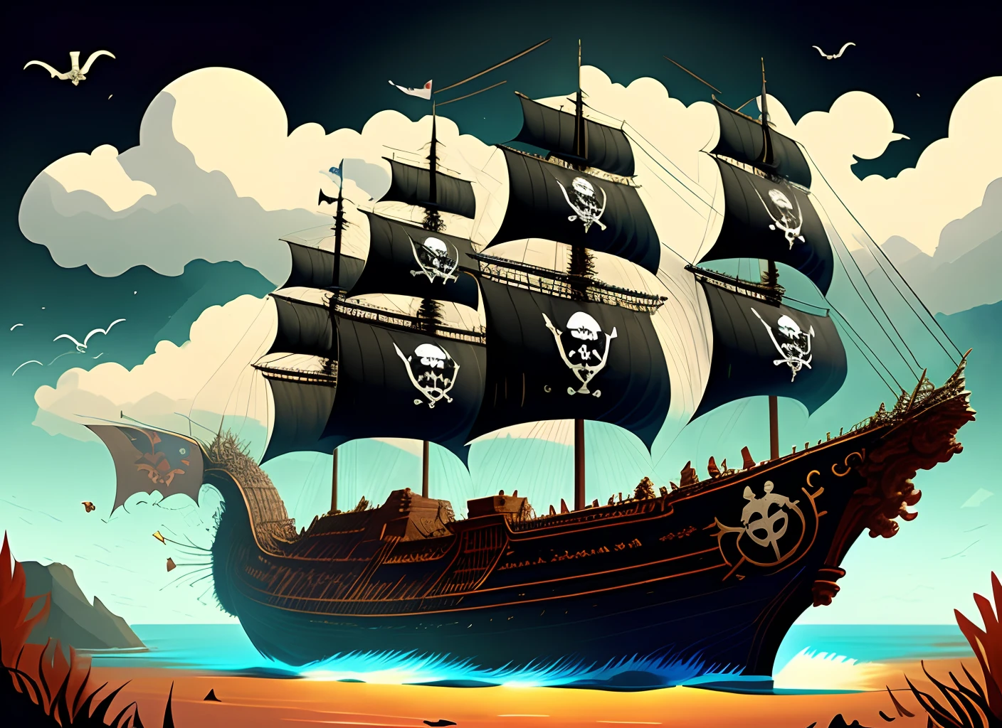 Design a logo of a Viking drakkar with a black sail. The sail features a skull with a bandana in the center, inspired by a pirate theme. The Viking shields are alternating between black and yellow. The overall style of the logo should be similar to The Pirate Bay logo, using bold, clean lines to convey a strong, rebellious maritime aesthetic