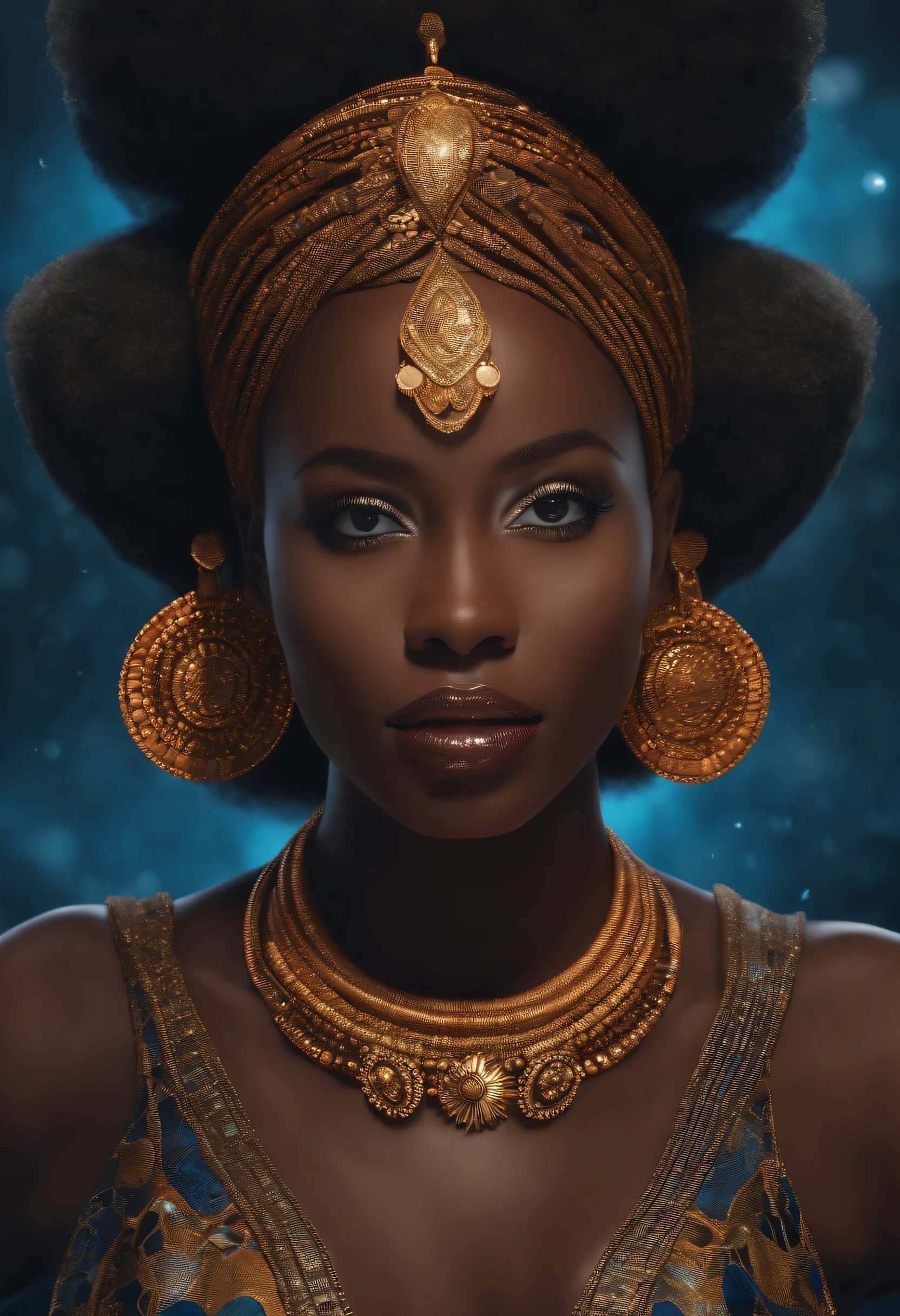 (Professional 3D rendering:1.3) de (Realistic:1.3) Foto de arte mais bonito do mundo,(((SOMENTE O ROSTO)))Yemanja, orisha, rainha africana,roupas azuis,Orixá queen of the oceans,cores azuis, vestindo um ade detalhado e intrincado, olhar materno, cosmic goddess,impressionismo,Afrofuturista, corpo inteiro 8k unidade render, poros da pele, very dark lighting, sombreamento pesado, circunstanciado, rosto detalhado, (Vibrando, fotografia realista, Realistic, Dramatic, Escuro, foco nítido, 8k), (Roupas africanas de tribos :1.4), ((((use tecidos)))), (intrincado:1.4), decadente, (altamente detalhado:1.4), Pintura digital, rendering by octane, art stations, conceito-arte, liso, foco nítido, germe da arte, (Loish:0.23), Wlop Ilya Kuvshinov, e greg rutkowski e alphonse mucha gracias, (global ilumination, studiolight, light volumetric), beira do mar, floating particles,(((close-up rosto))), ((Fundo escuro noite estrelada:1.3)),CGSesociedade,art stations
