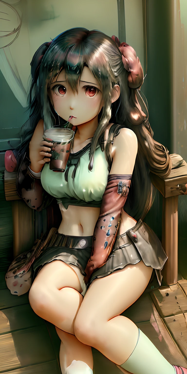 A cute and adorable girl in anime style having a boba drink while sitting on the front porch on a hot day, face flushed red, printable