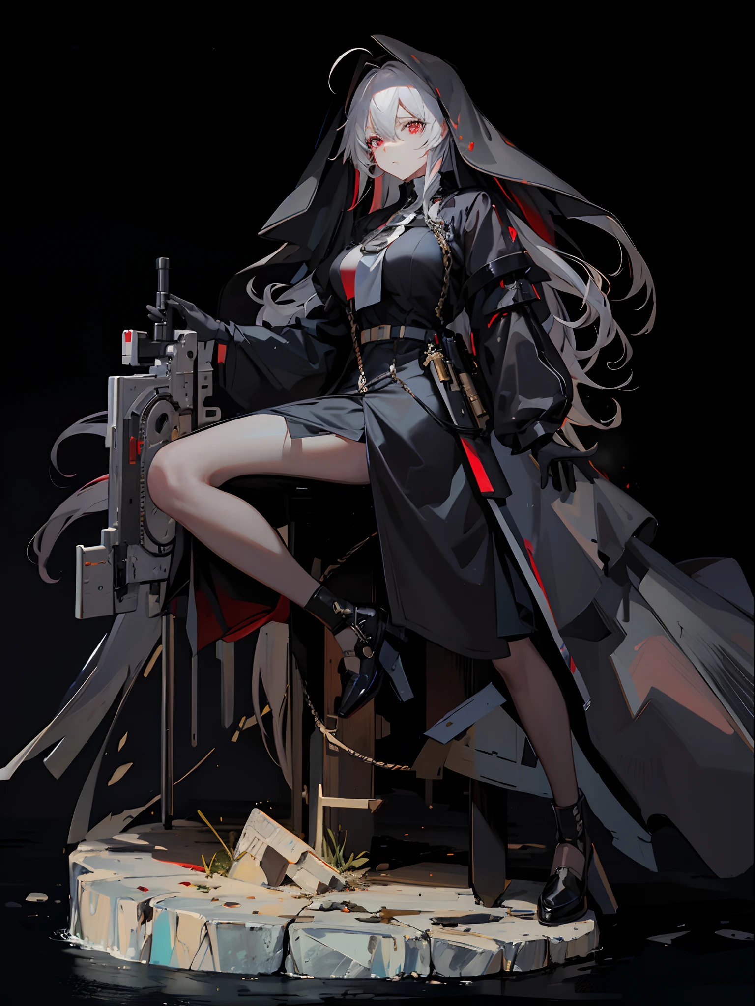 masterpiece,(bestquality),highlydetailed,ultra-detailed, cold, 1girl, bishoujo, stare, red eyes, beautiful detailed eyes, long hair, white hair, silver hair, Wing-like bangs, Dull hair, ahoge, hair rings, braid, bangs, breasts, Half tied hair, cross, dress, floating hair, full body, gloves, gun, habit, hair between eyes, holding, holding gun, instrument, looking at viewer, nun, solo, trigger discipline, very long hair, weapon, wind