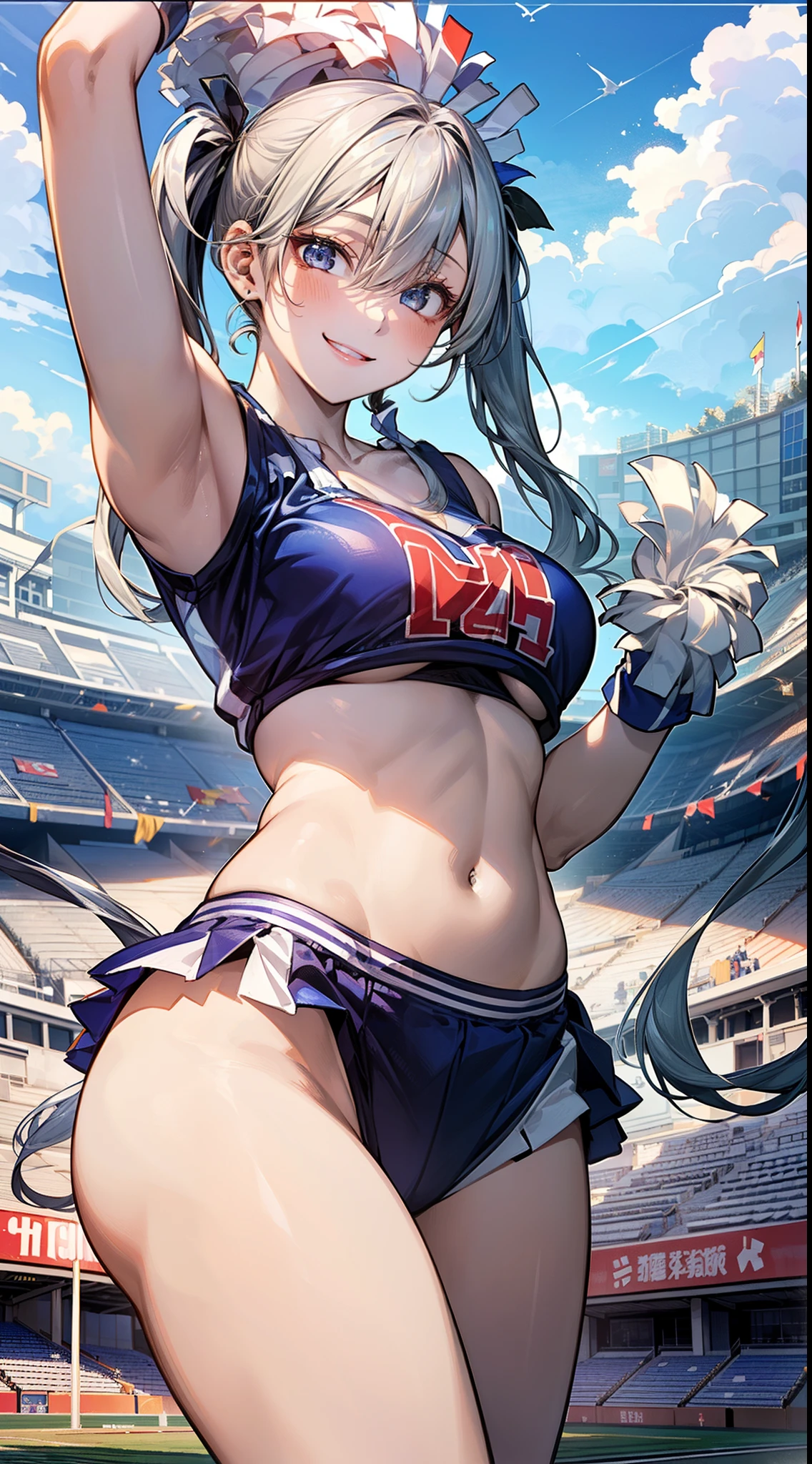 1 girl, japanese, ************, white skin, medium chest, , watching the view, (adorable smiling:1.5), 
beautiful detailed eyes, blue eyes, (long hair:1.4, bangs, hair between eye, twintail:1.7), (navel:1.1), silver hair, 
beautiful hair, beautiful clavicle, beautiful underboob, beautiful thighs,
(current cheerleader style:1.4), (high-kick, high-kick pose),
(beautiful scenery), day time, (stadium:1.5), 
(8k, top-quality, masterpiece​), beautiful illustration, cowboy shot, movie lighting,