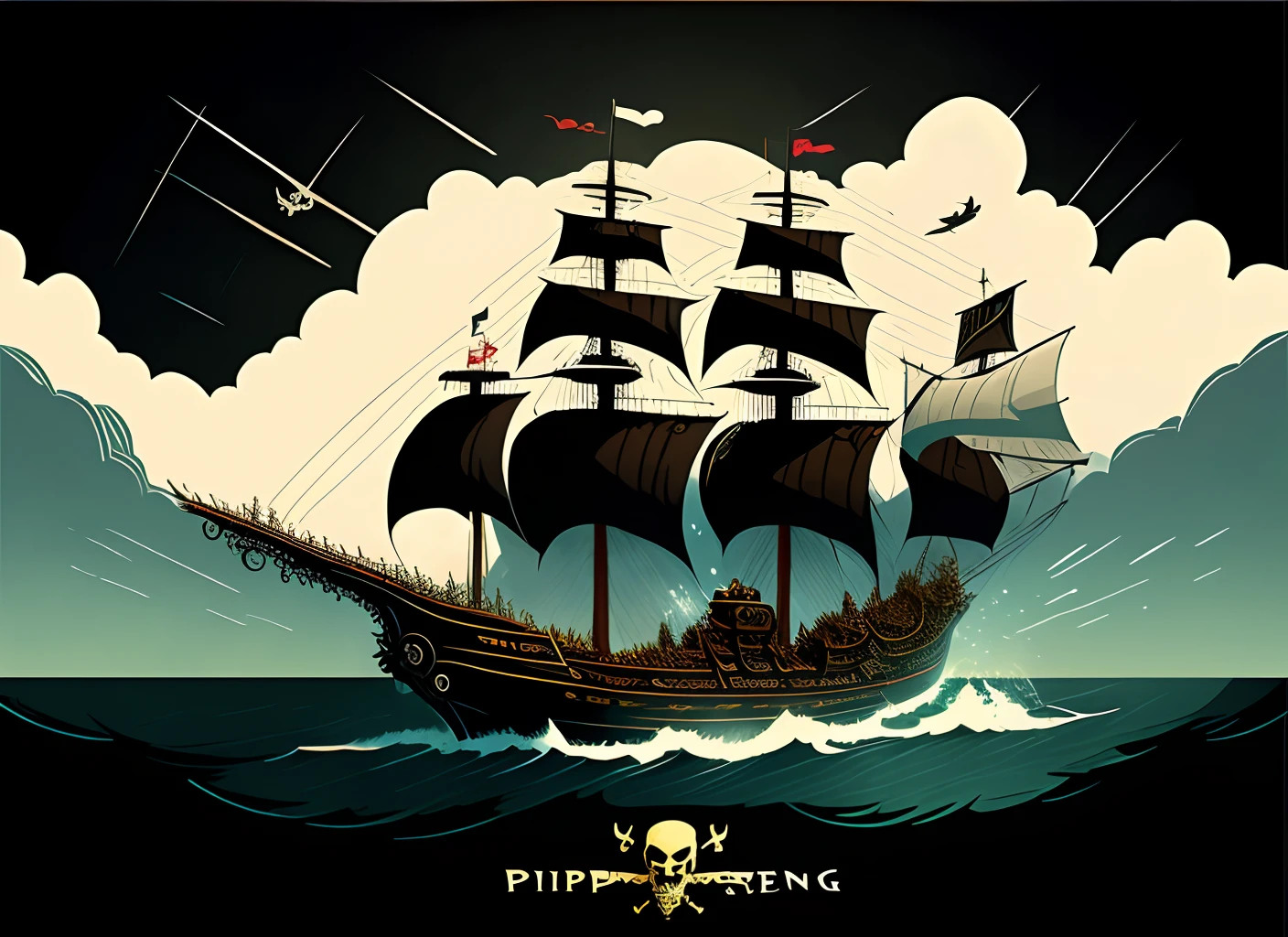 Draw a pirate flag depicting the image of the Black Viper, a mysterious and dangerous pirate ship. The flag design should include an image of the Black Viper ship anchored on a secluded beach under a cloudy sky. Also, add pirate elements such as a jolly roger or a skeleton of a pirate captain holding a sword. Make sure this flag reflects the awesomeness and power of the Black Viper ship, as well as the identity of the pirates who own it.