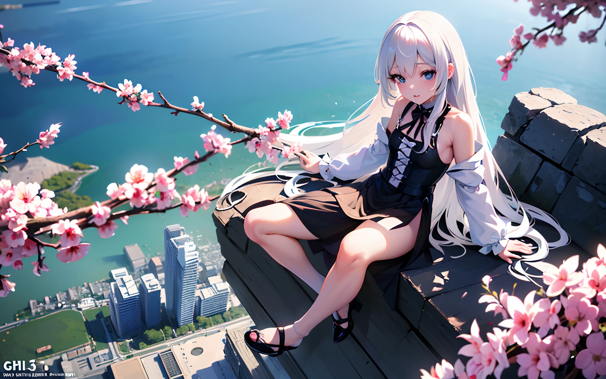 anime girl with white hair, (best quality,4k,8k,highres,masterpiece:1.2),ultra-detailed,(realistic,photorealistic,photo-realistic:1.37),anime girl, sitting on the ground, long hair, petit, small, loli, anime style, cute,4k anime wallpaper,white-black dress,sitting on a skyscraper,happy