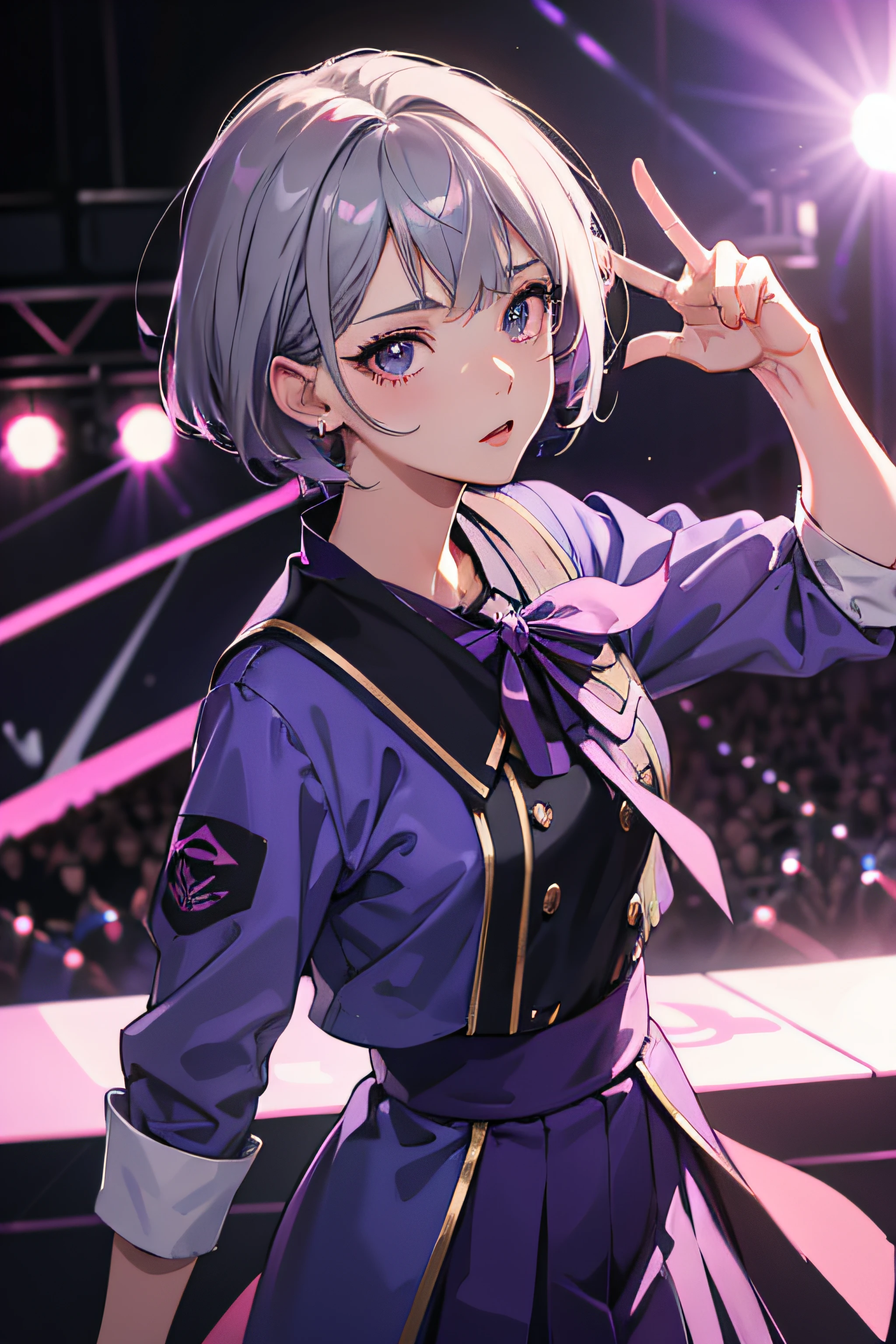 an idol dressed in a purple outfit, idol, young idol, japanese girl school uniform, short hair, Ash gray hair, black eyes, cinematic, close up, looking at camera, colorful background, on the stage, anime, anime 4k, 8k