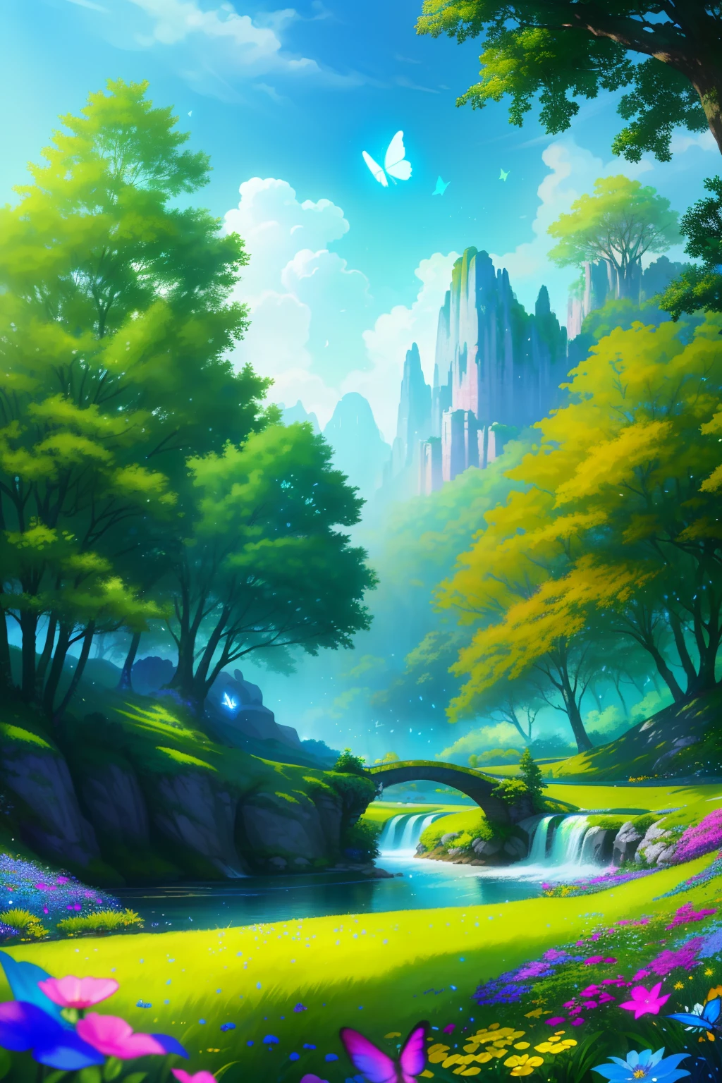 masterpiece, best quality, high quality, extremely detailed cg unity 8k wallpaper, )an extremely colorful and purely fantasy environment with vibrant hues and a bright sky), landscape of bright green grass, colorful trees, glittering fruits, and bright blue flowers, (the streams are a deep shade of blue green), and the air is filled with sweet exotic scents, (the environment appears to be taken out of a dream), with luminescent butterflies and giant colorful birds flying around, award winning photography, bokeh, depth of field, hdr, bloom, chromatic aberration, photorealistic:1.3, extremely detailed, trending on artstation, trending on cgsociety, intricate, high detail, dramatic, art by midjourney,