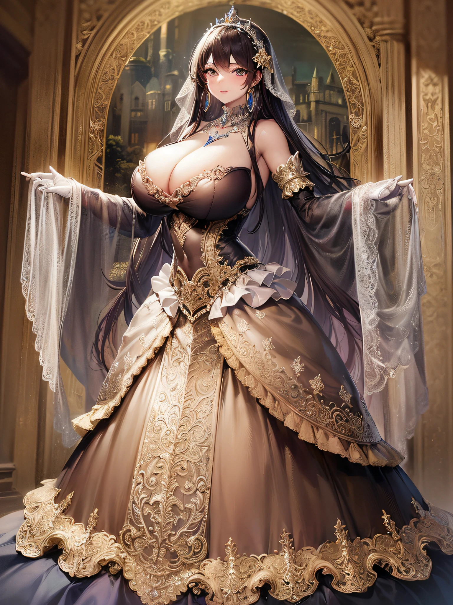 ((anime artstyle)),(Masterpiece),(Best Quality), (Super Detail),(Highly Detailed CG Unity 8k wallpaper),((Very Delicate and Beautiful)),cinematic lighting,1 girl,((full body portrait)),((standing in garden)),((solo)),(((1 fairytale princess in gorgeous embroidery and jeweled extremely gorgeous rococo princess ballgown with voluminous full length hoop skirt))),an hourglass waist,padded and corseted bodice,(((huge crinoline hoopskirt))),long train,((gorgeous embroidery and jeweled)),voluminous frills,See-through,(((extremely gigantic tits,skindentation))),cleavage,((absurdly Long Straight Hair,extremely voluminous Straight long Hair,absurdly Long Straight Hair)),(finely detailed face and eyes),(Blush,Smile),clear pupil,extremely gorgeousfull hair ornament,(bling-bling jeweled extremely gorgeousfull tiara),((bling-bling gorgeous gemstone jewelry)),gorgeous long veil,((ultra long gloves)),(beautiful background),(full body),((gorgeous embroidery and jeweled extremely gorgeous rococo princess ballgown with voluminous full length hoop skirt))
