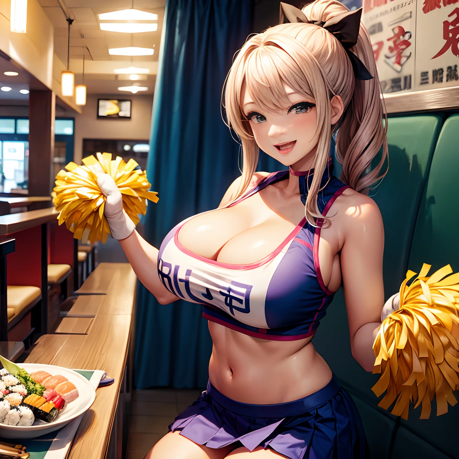 Sushi restaurant, busty cheerleader, looking happy.