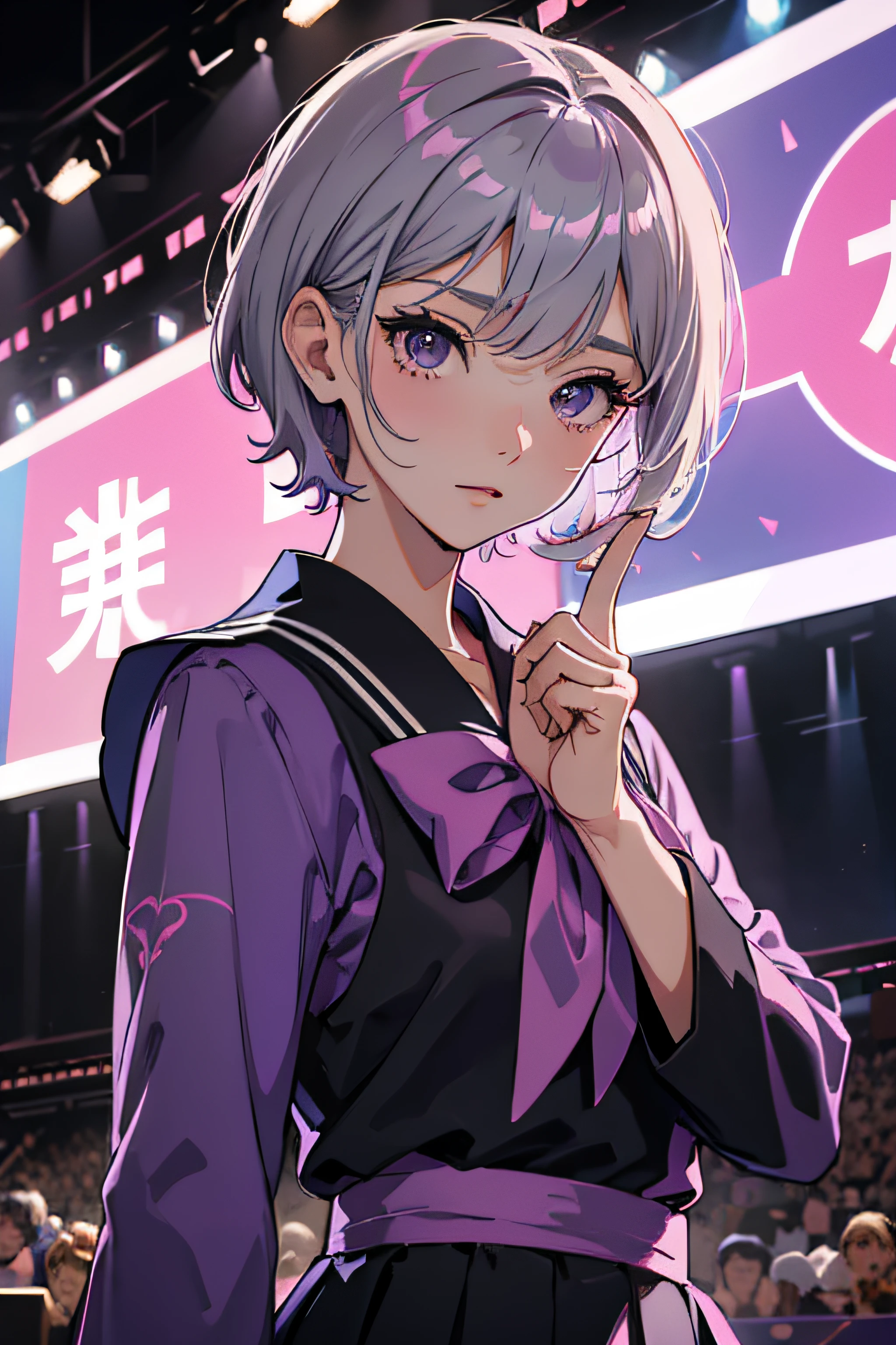 an idol dressed in a purple outfit, idol, young idol, japanese girl school uniform, short hair, Ash gray hair, black eyes, cinematic, close up, looking at camera, colorful background, on the stage, anime, anime 4k, 8k