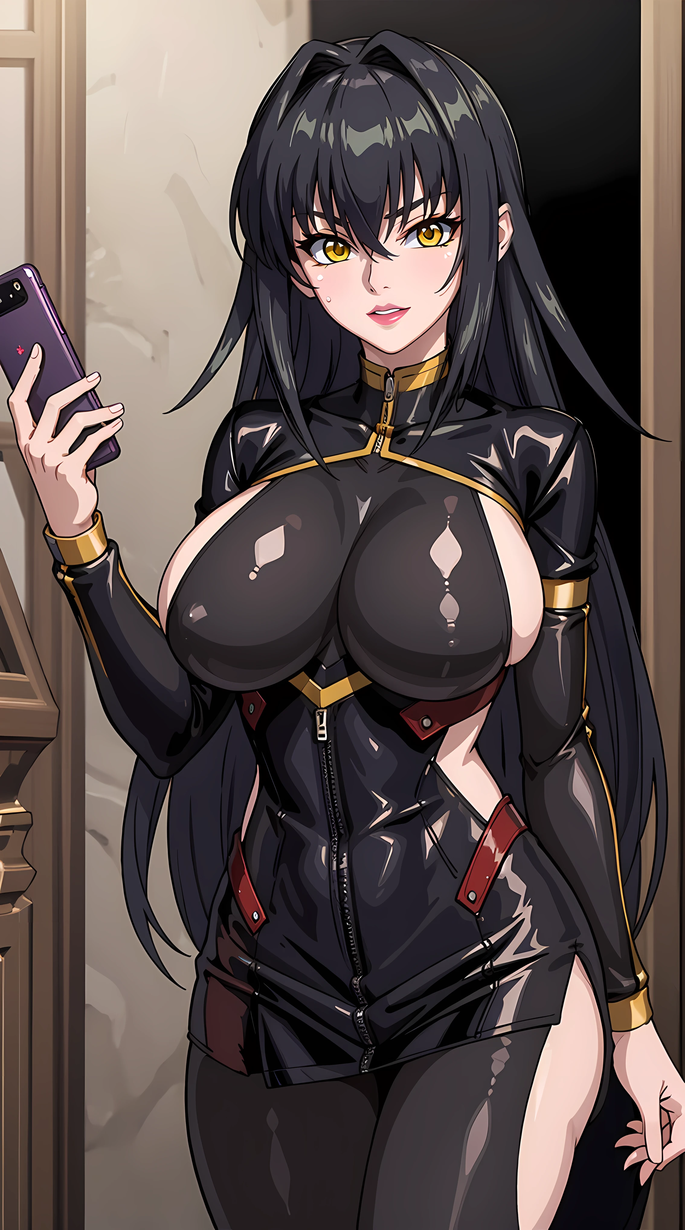 (masterpiece:1.4),(best quality:1.4), soft lighting, cinematic bloom, beautiful face, beautiful eyes, cowboy shot, take selfie,
Annerose, 1girl, solo, female mature, black hair, long hair, yellow eyes, large breasts, bodysuit, black outfit, higheels, shiny clothes, skin tight, hair intakes, covered breasts, sideboob, extremely detailed character design CG unity 8k HDR, beautiful character design, professional art