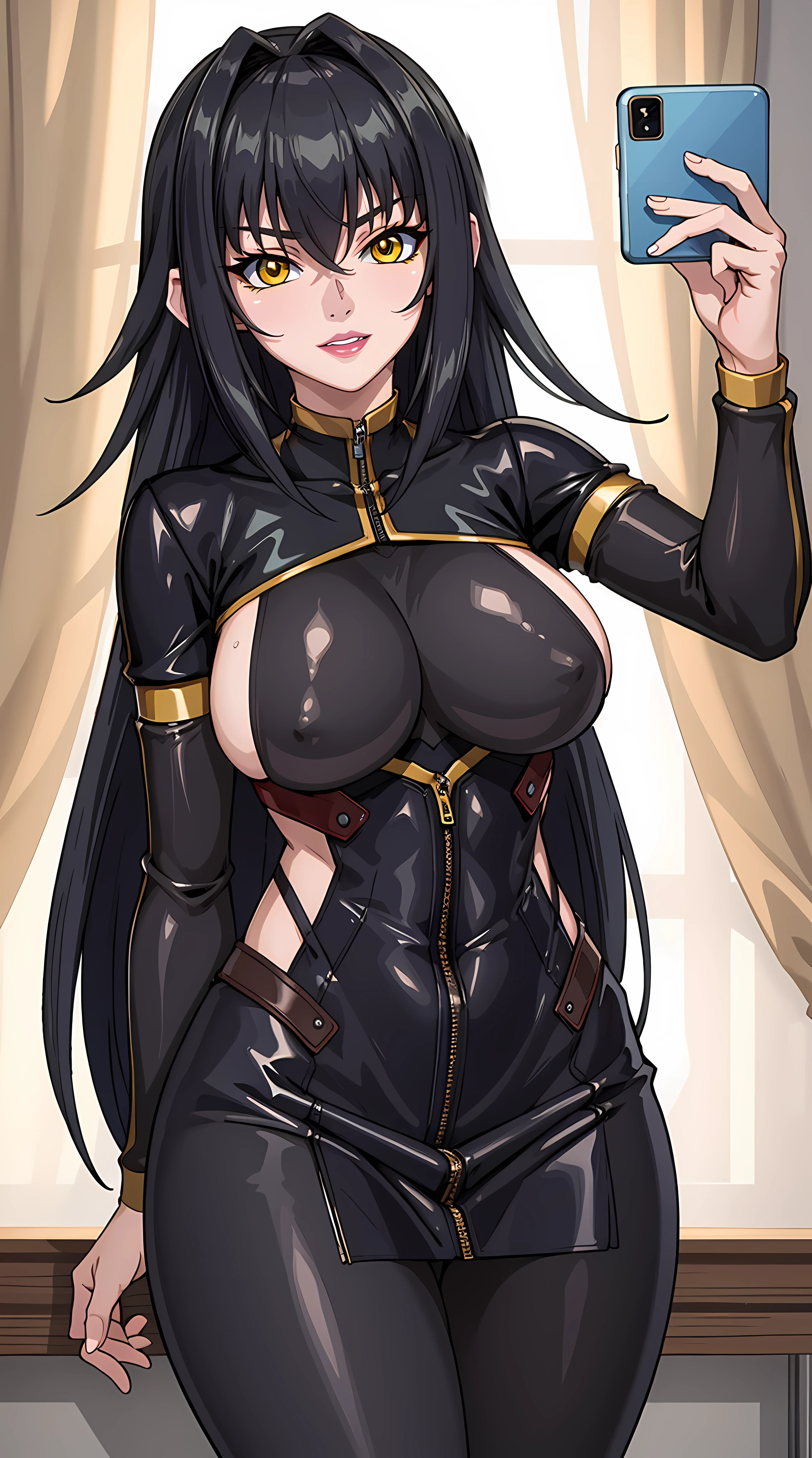 (masterpiece:1.4),(best quality:1.4),  soft lighting, cinematic bloom, beautiful face, beautiful eyes, cowboy shot, take selfie,
Annerose, 1girl, solo, female mature, black hair, long hair, yellow eyes, large breasts, bodysuit, black outfit, higheels, shiny clothes, skin tight, hair intakes, covered breasts, sideboob, extremely detailed character design CG unity 8k HDR, beautiful character design, professional art