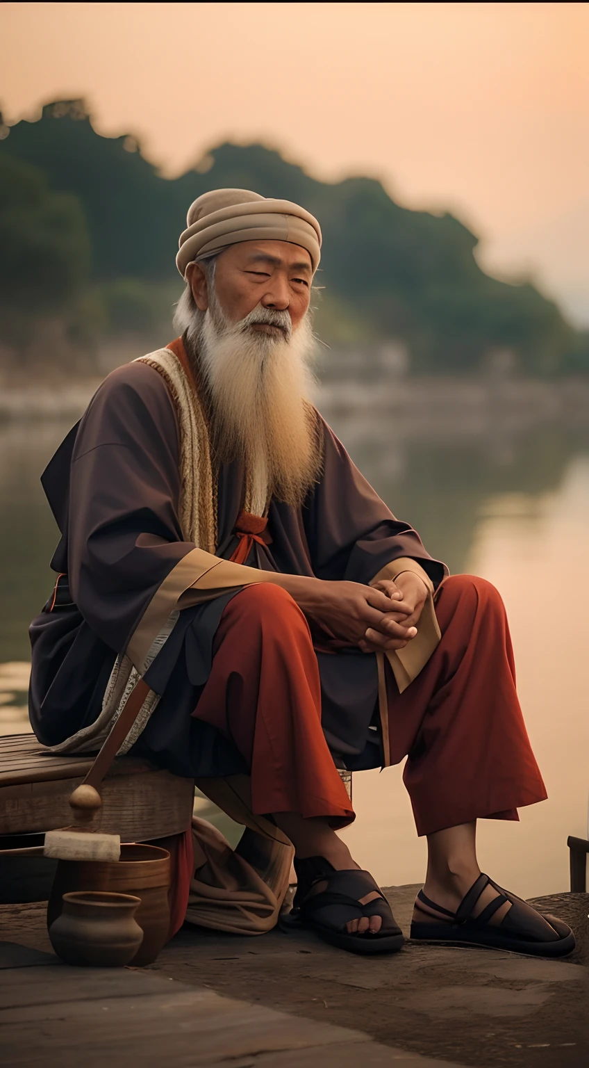 Arafed's man sits in the dock,((((good hands))), ((((realistic hand)))),holy man looking down at the ground, peaceful expression, Wise old man, taoist, wise old indian guru, Absorto em pensamentos, um velho, ancient japanese monk, Asian people, roupas de monge, pensive expression, taoist master, Taoism, serene expression, Monk's Meditation, Asian man