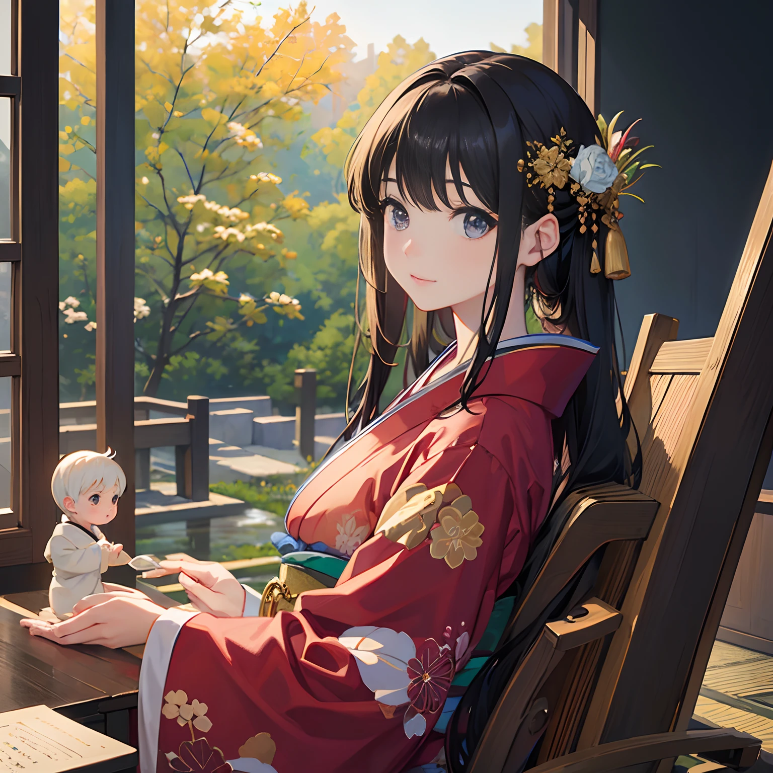 masterpiece、top-quality、Very delicate and beautiful girl、extremely delicate and beautiful、world masterpiece theater、Ultra-fine、top-quality、a blond、Hi-Res、Very elaborate、girl with、top-quality、illustratio、The viewer watching、Impasto、canvas、an oil painting、realism、realisitic 、quaint、japanes、Gorgeous kimono、baby-face、background is kyoto、Top image quality、Upper body only、Long black hair、 --auto