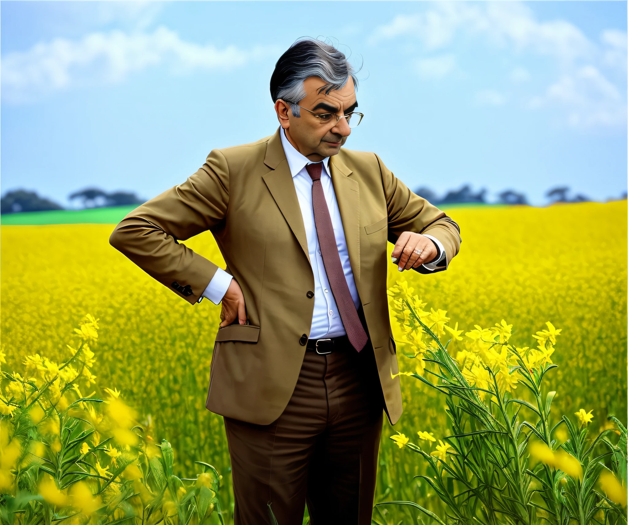 There's a man standing in a field of yellow flowers, Sr. Beanstalk (Rowan Atkinson), Um filme ainda de Mr Bean, Sr. Beanstalk, Sr. Beanstalk, no meio de um campo, Standing in a field, em um campo, standing in a field with flowers, sentado em um campo, em um campo gramado, vestindo um terno desgastado