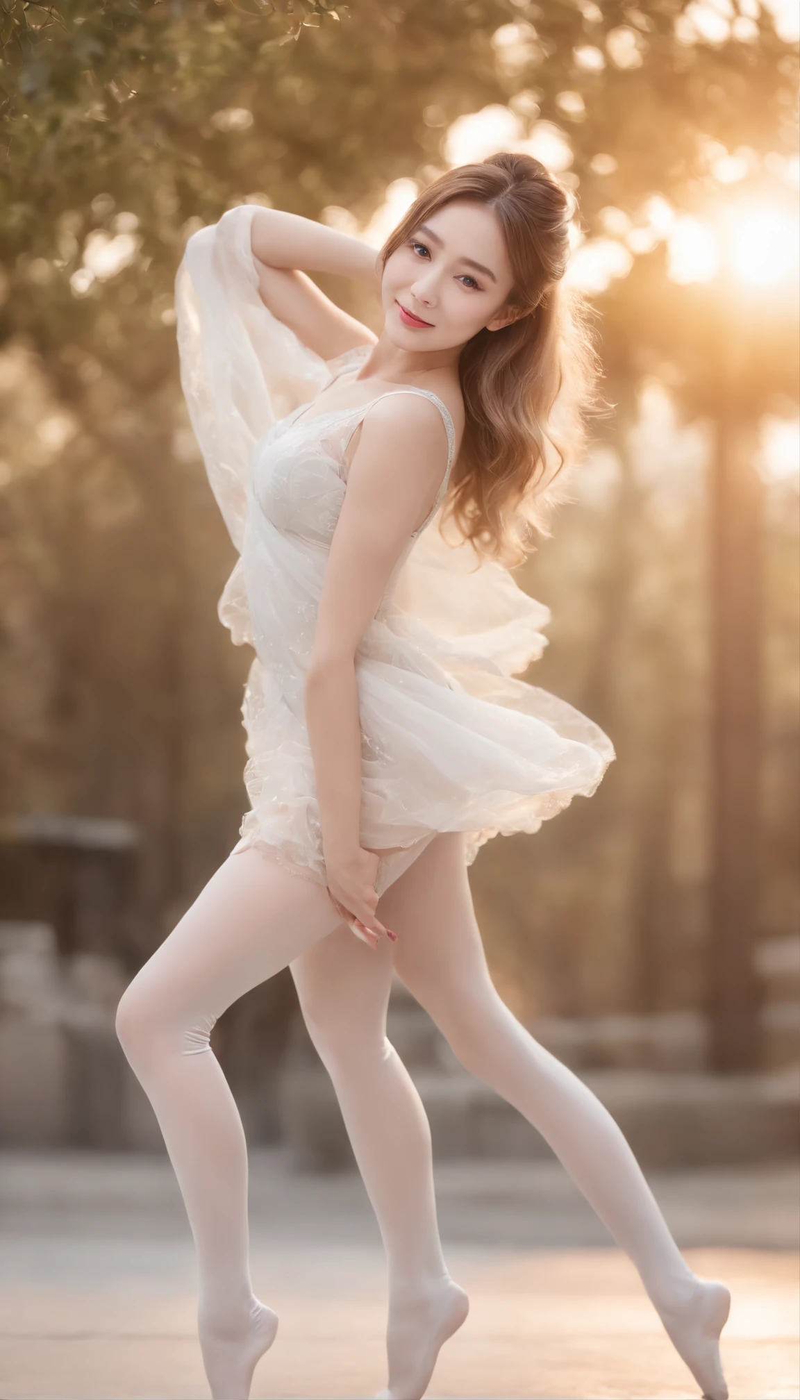 Golden Hair, Chinese girl, Martha Sutanto's artwork, (best quality, 4k, 8k, highres, masterpiece:1.2), clear facial features, adorable girl, captivating smile, intricate anatomy, spread legs, stockings, ballet dance, ballet dancer girl, kiss, tight-fitting suit, ballet slippers, bun hairstyle, white athletic leggings, single bun, realistic skin tone, white stockings, dynamic side ignition, sunset, (NSFW), perfect lighting, dynamic pose, dynamic angle.