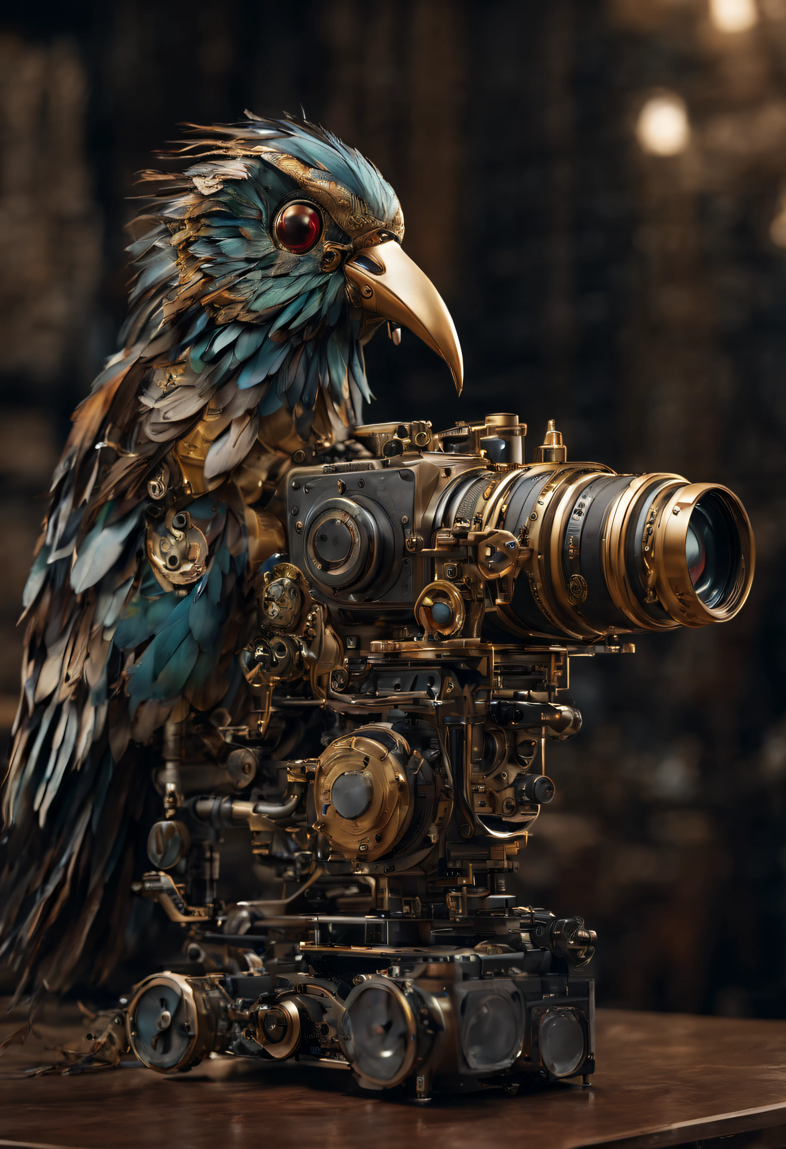 (( big recording camera with bird body )), clockwork background, wide shot, machinery, Super detailed, 24k, Unreal Engine 5, Intricate details, ultra realistic , ((long tail)), ((tail feathers composed of machine parts)), detailed eyes