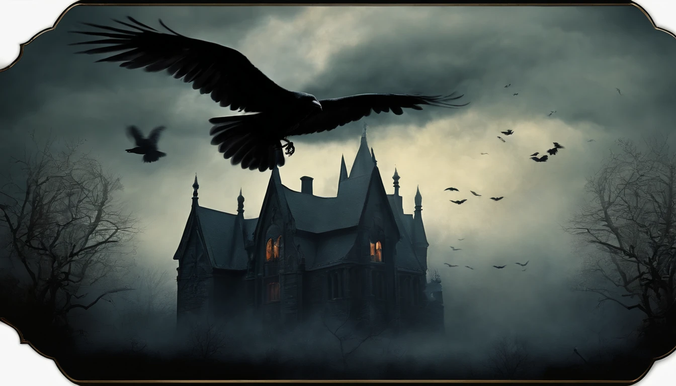 Gothic Dark Fog Morning Halloween Black Ghost Flying in the Sky with Crows, Pintura de Arte, estilo vintage