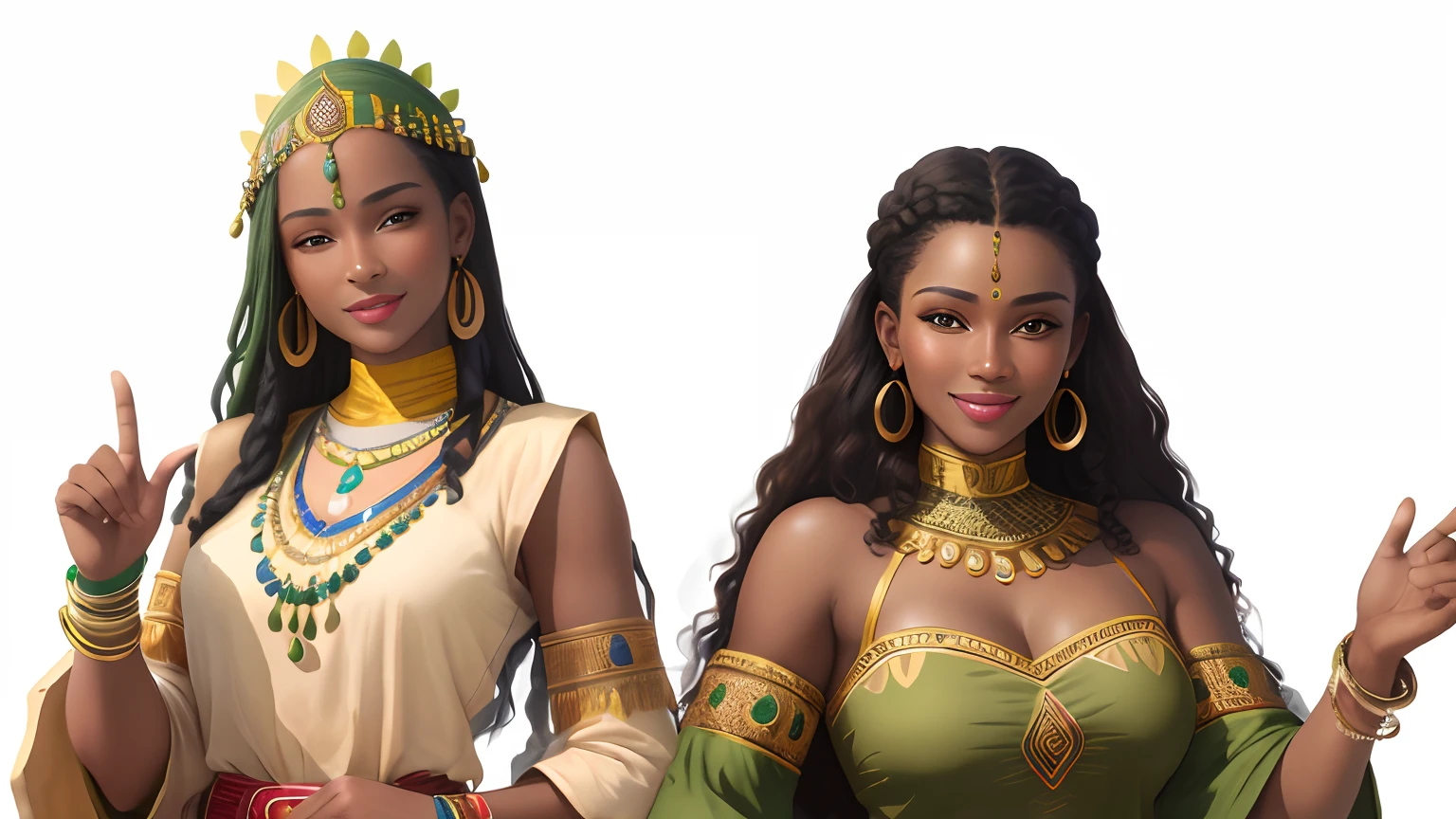 Masterpiece, best quality, very detailed beautiful faces, very detailed hands and fingers, two african women have green and yellow colored tribal clothes on, they smile, happy